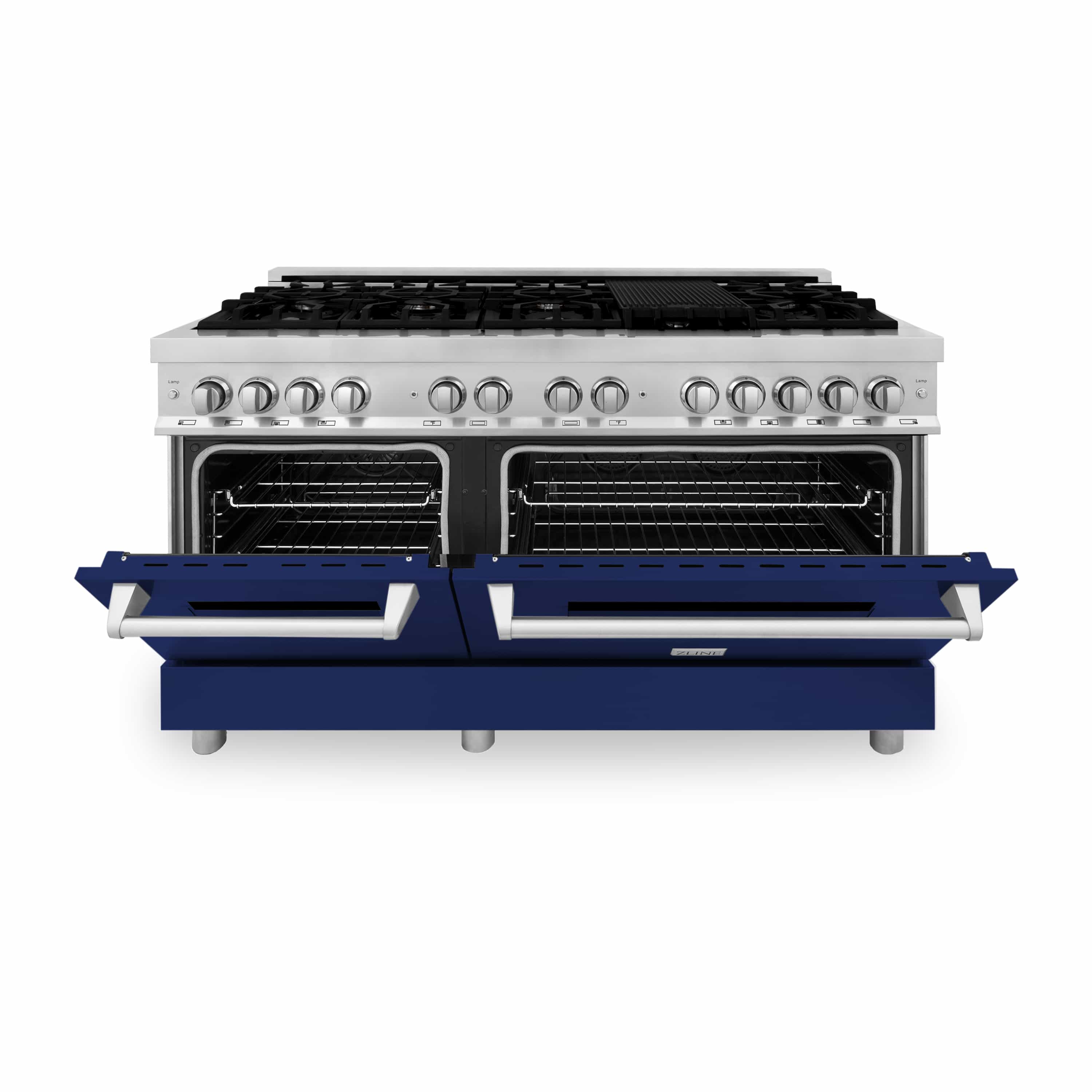 Dual fuel range with two open ovens, stainless top, and blue lower front