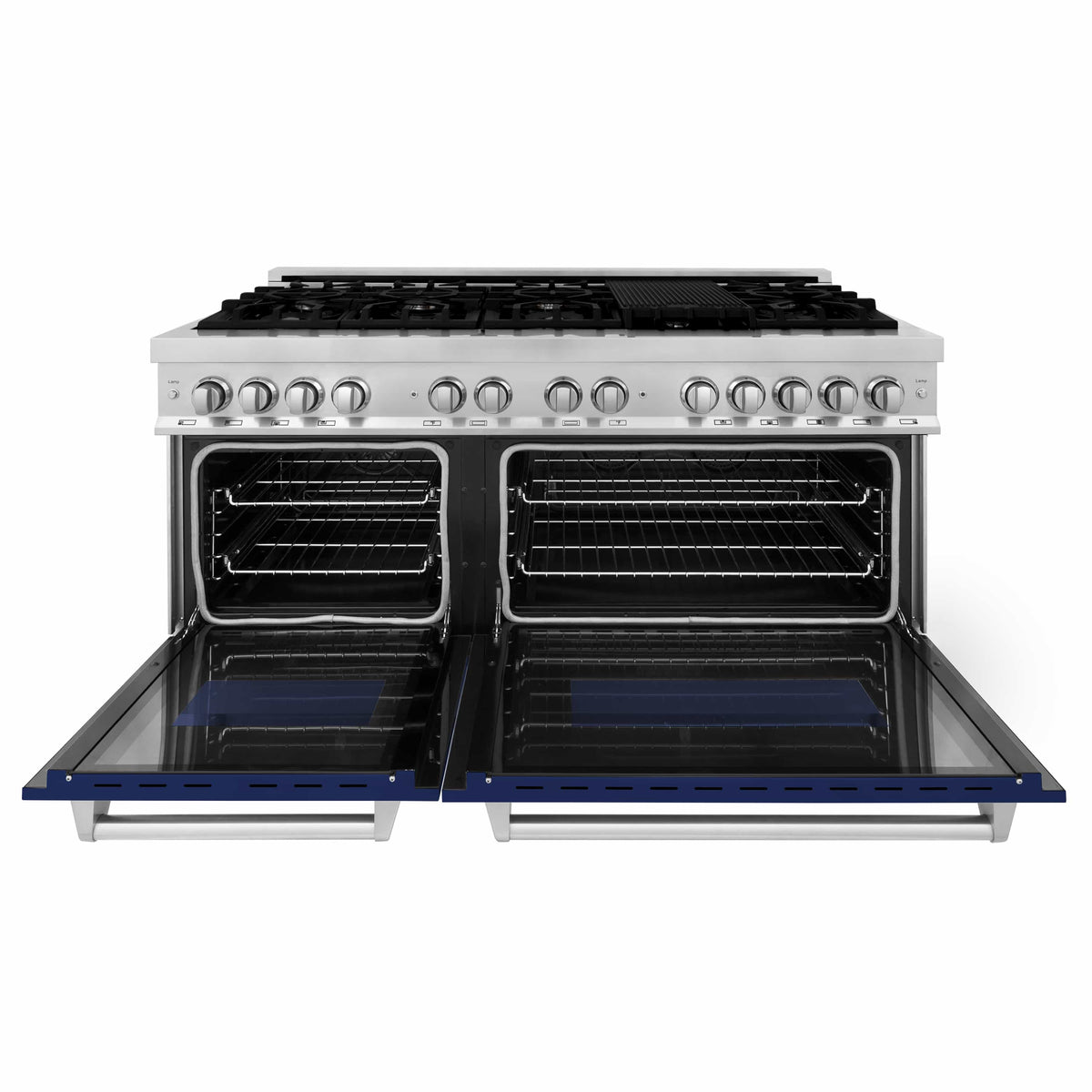 Dual fuel range with interior views of both ovens and blue base panel