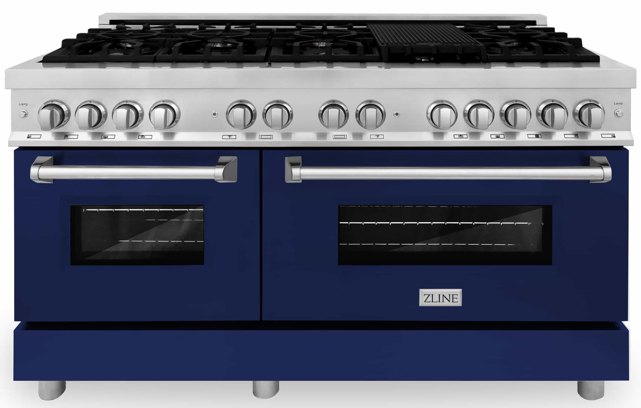Stainless steel dual fuel range with 9 gas burners and blue glossy oven doors