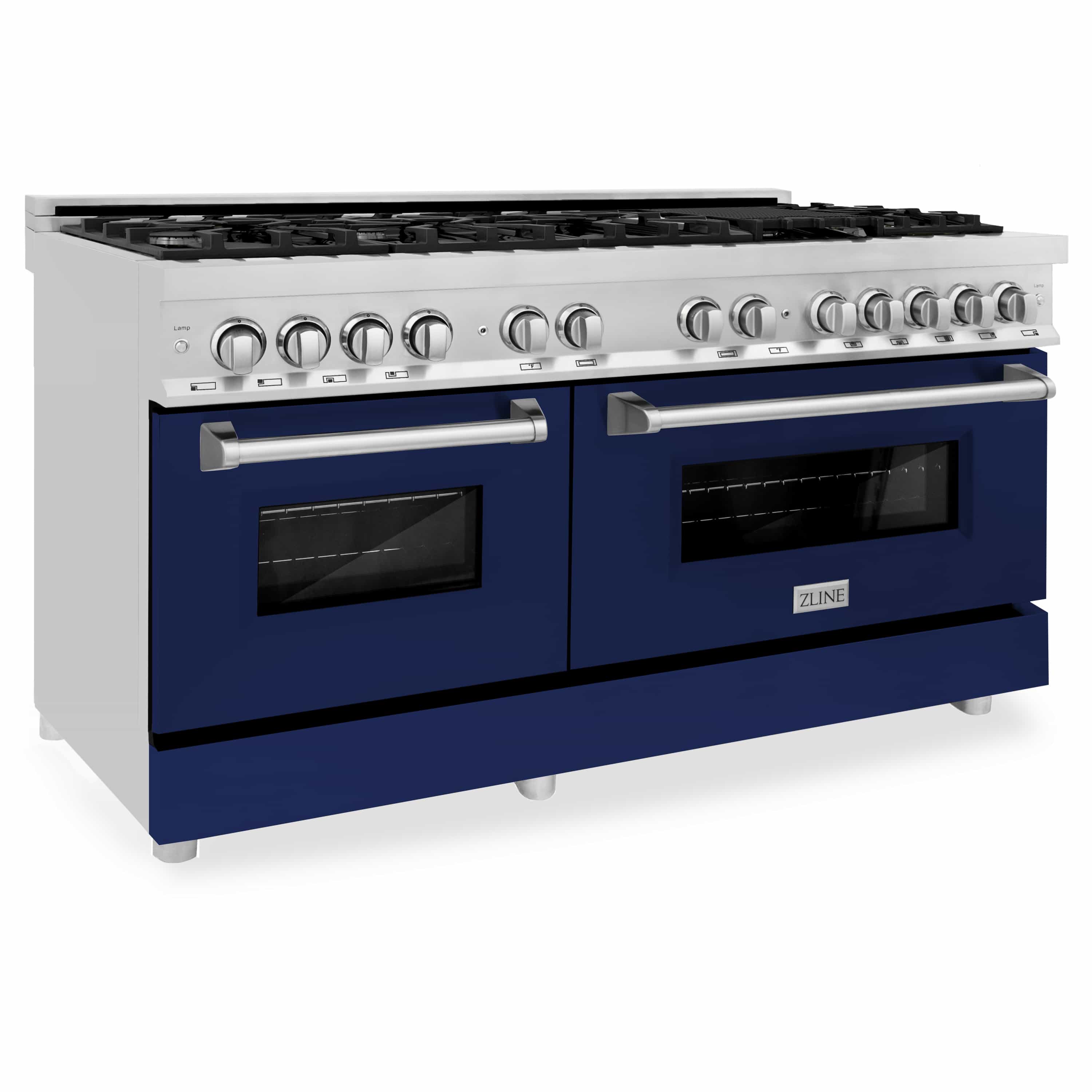 Stainless dual fuel range with blue glossy oven doors and front control knobs