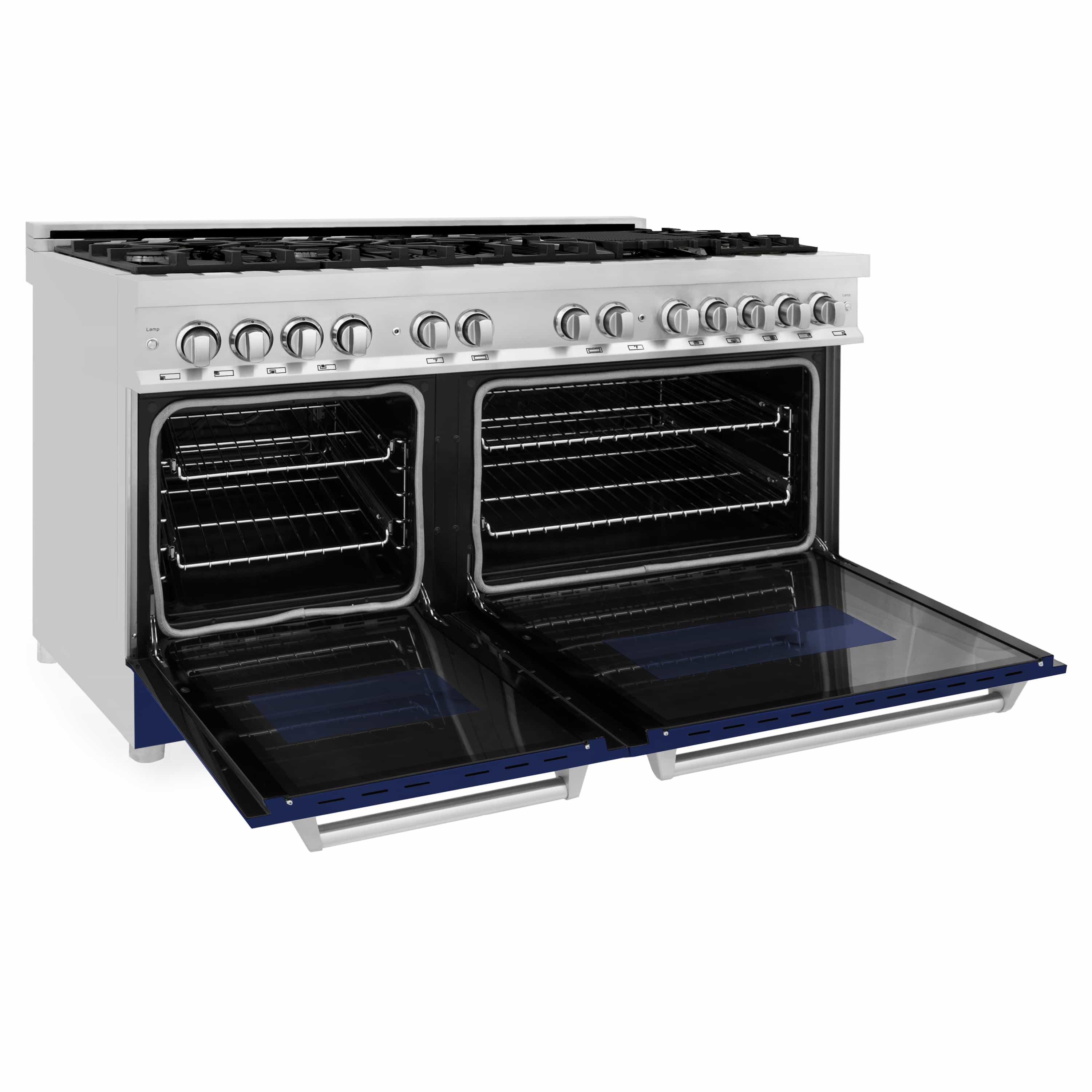Dual fuel range with both oven doors open, stainless exterior and blue liners