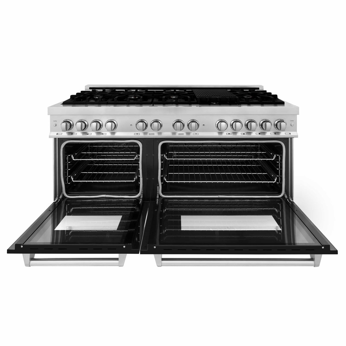Stainless dual oven range with both oven doors open and black interiors