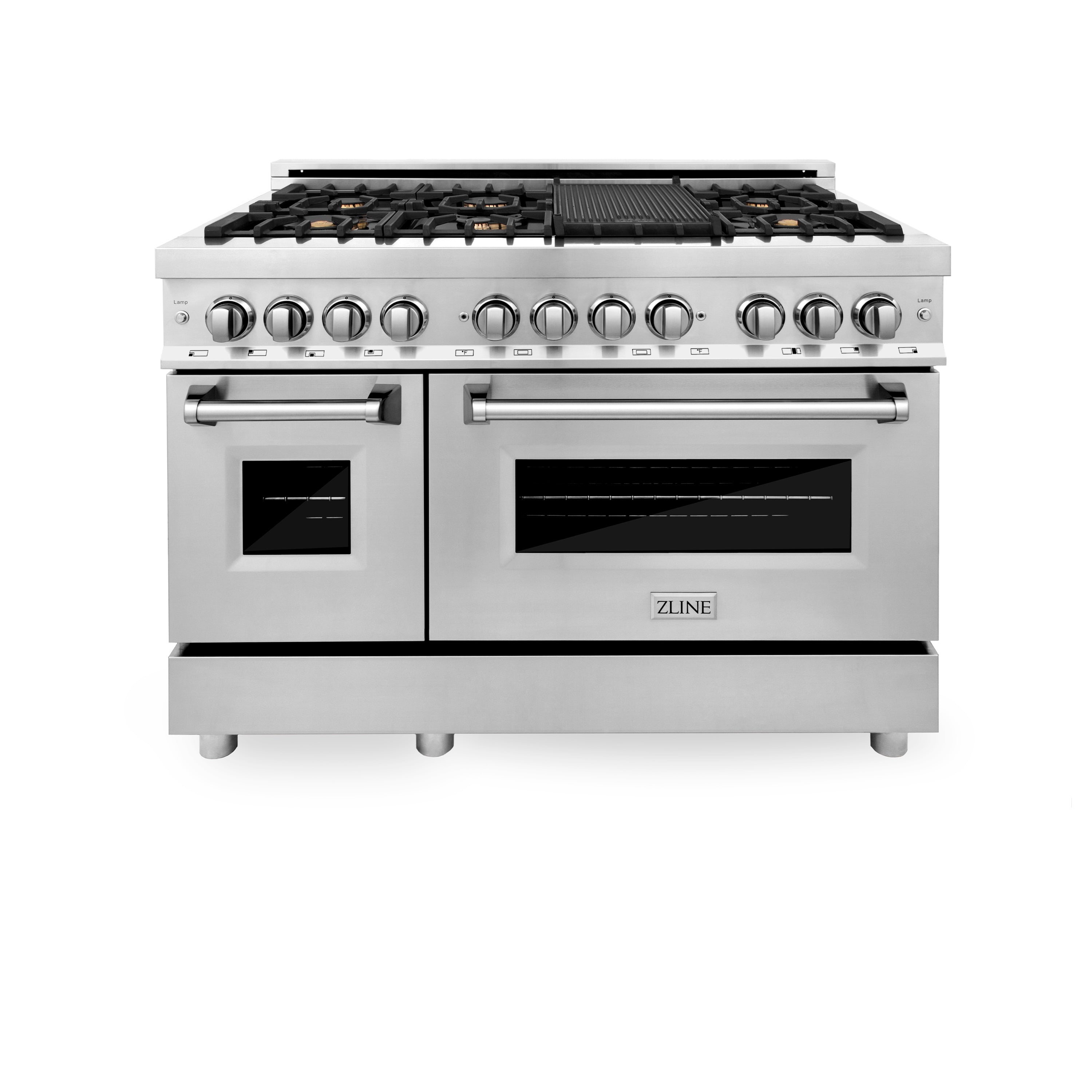 Stainless dual fuel range with dual oven doors, glass windows, and front control knobs