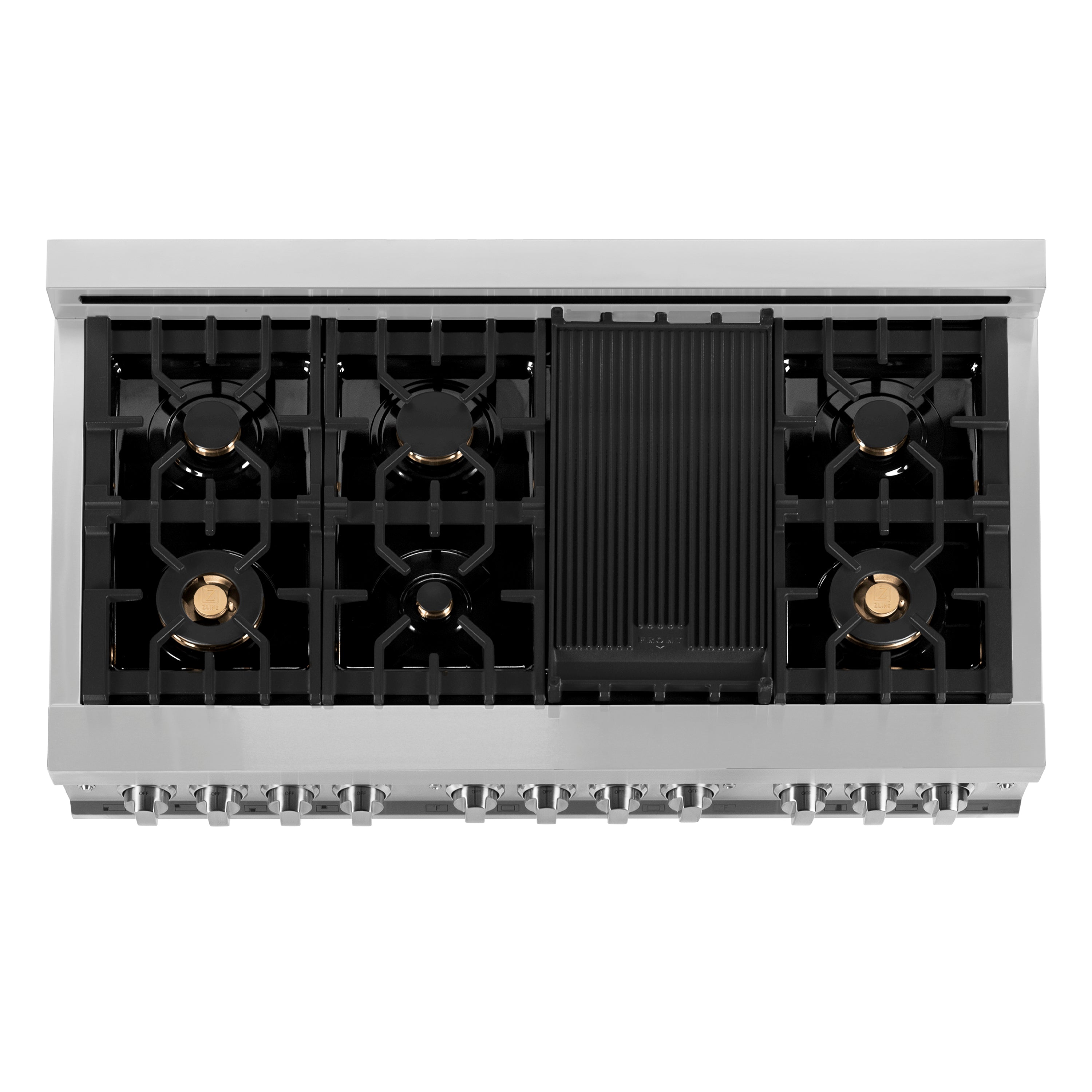 Dual fuel cooktop underside with burner grates and center griddle plate