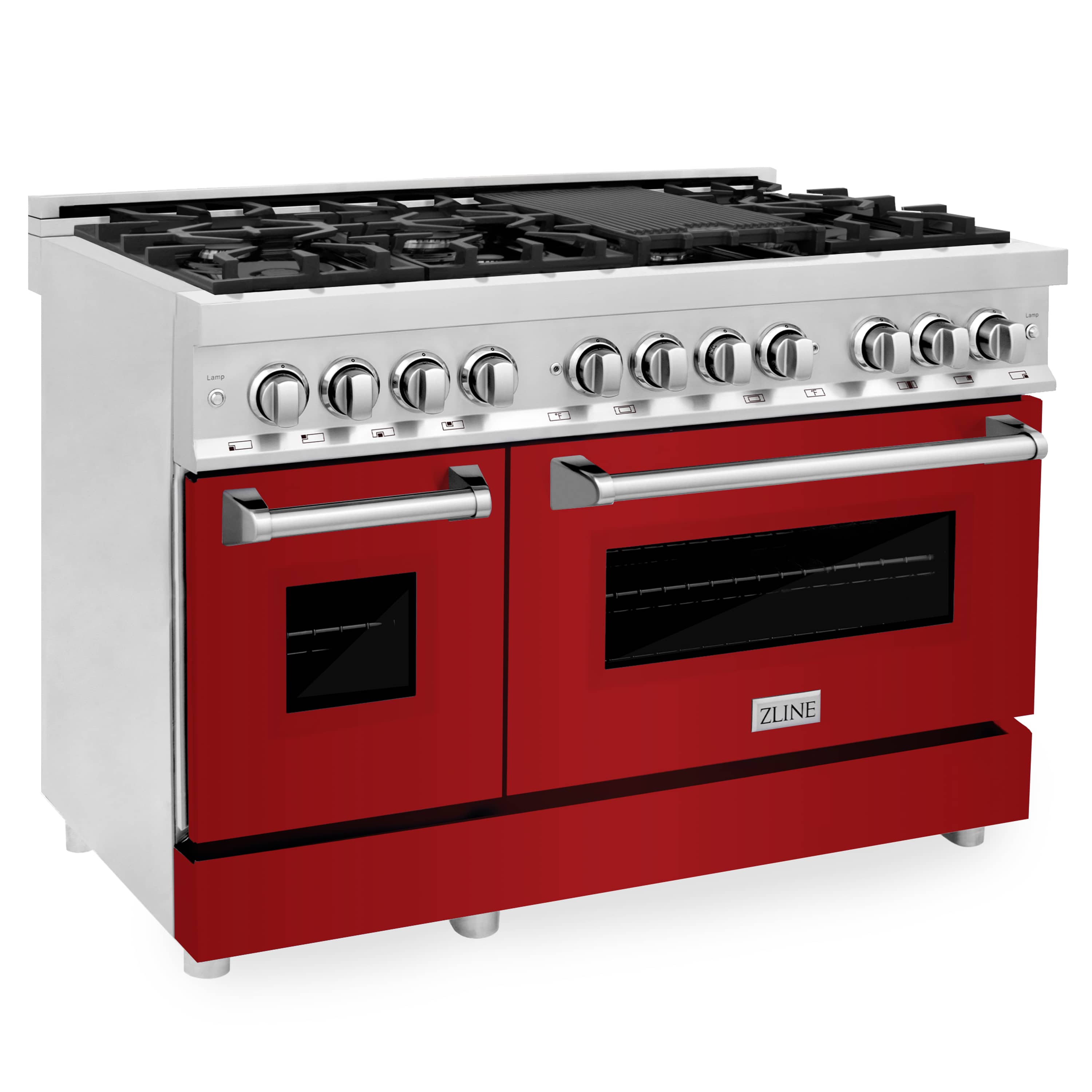 Red glossy dual fuel range with stainless control knobs and top burners