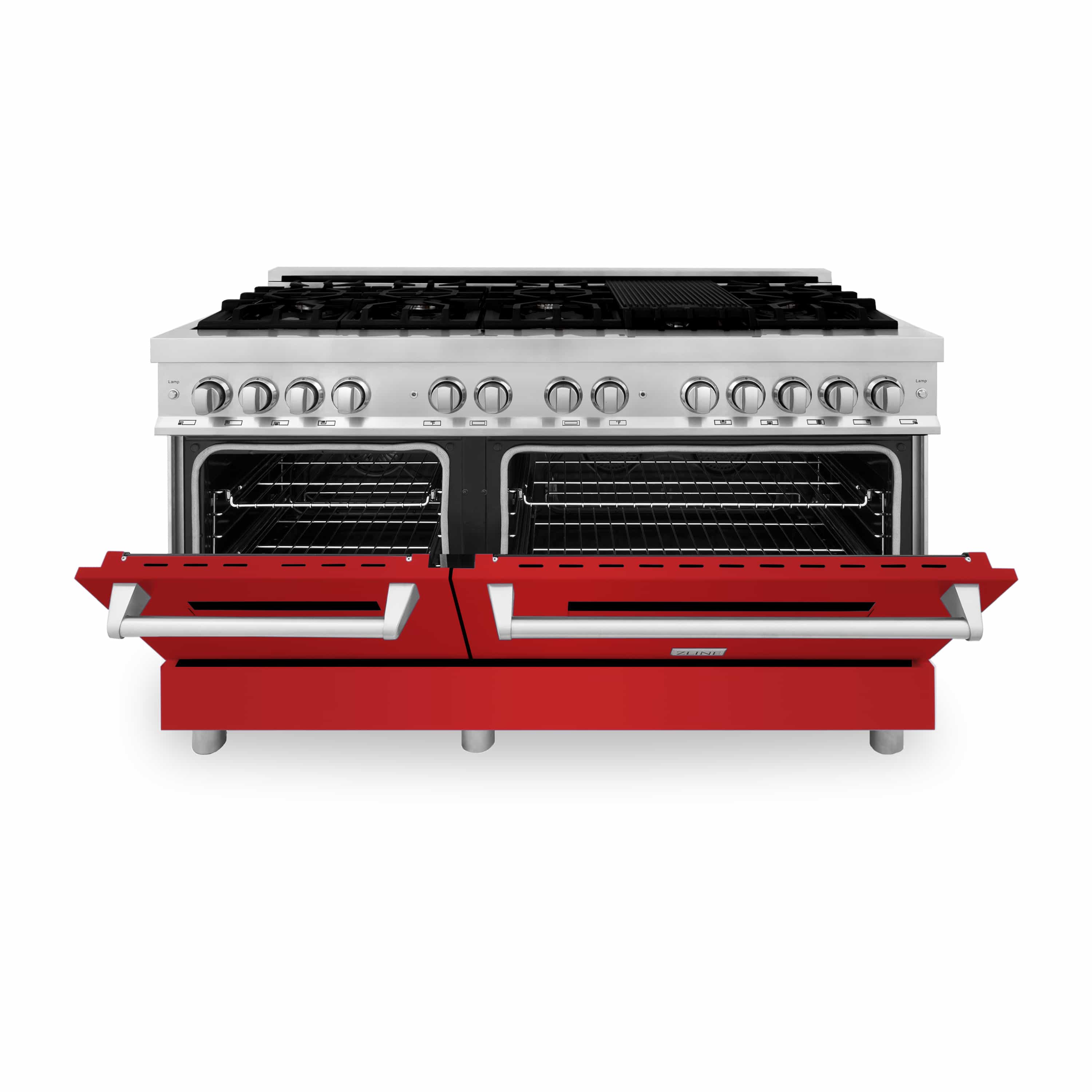 Dual fuel range front with oven doors open to reveal two baking cavities
