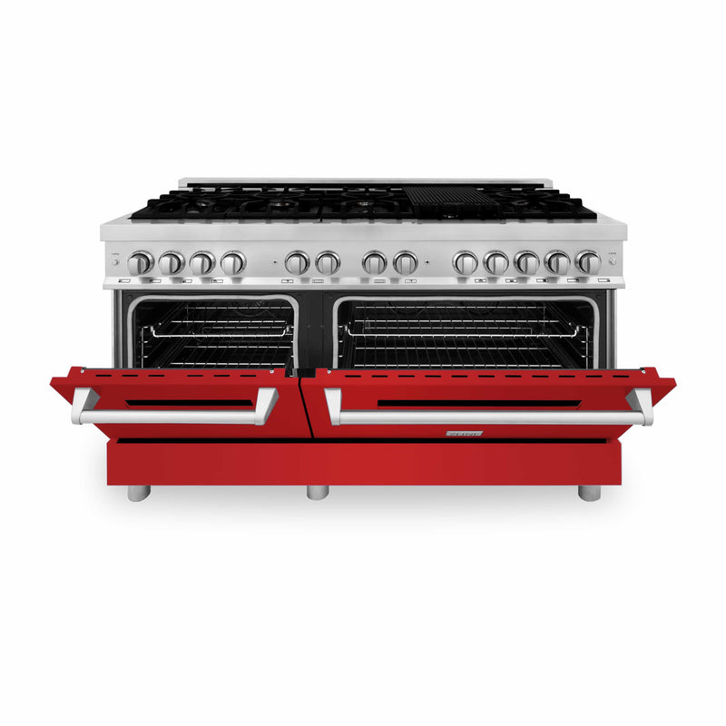 ZLINE 60-Inch 7.4 cu. ft. Dual Fuel Range with Gas Stove and Electric Oven in Stainless Steel and Red Matte Door (RA-RM-60)