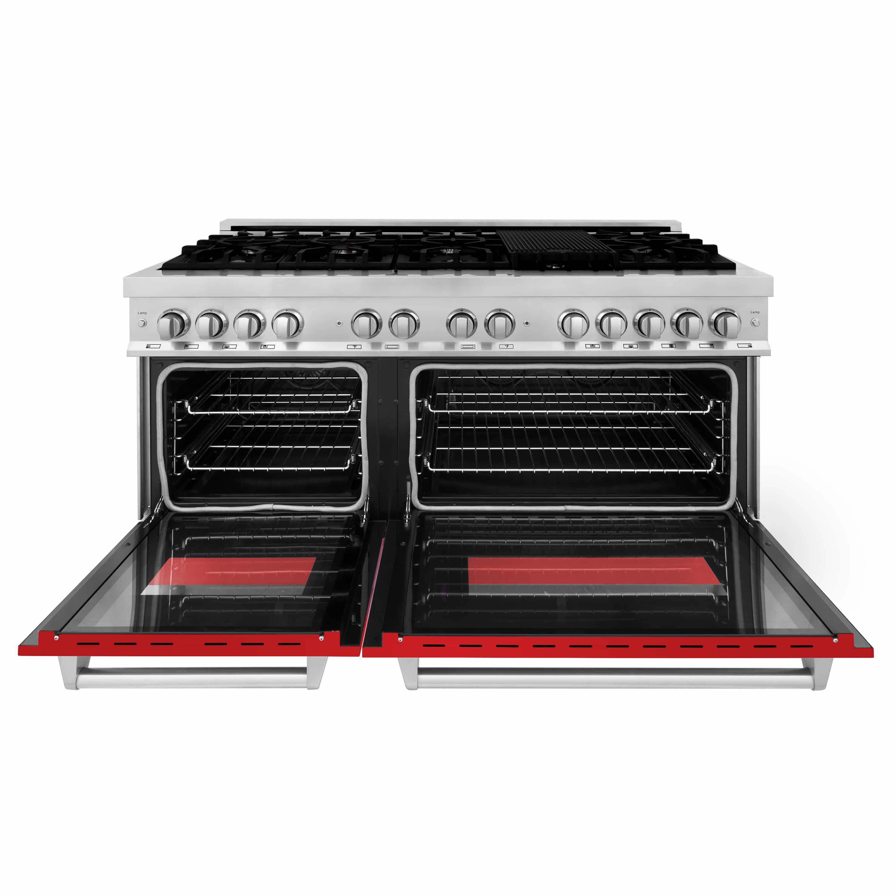 Open ovens of dual fuel range with red base and stainless steel oven racks