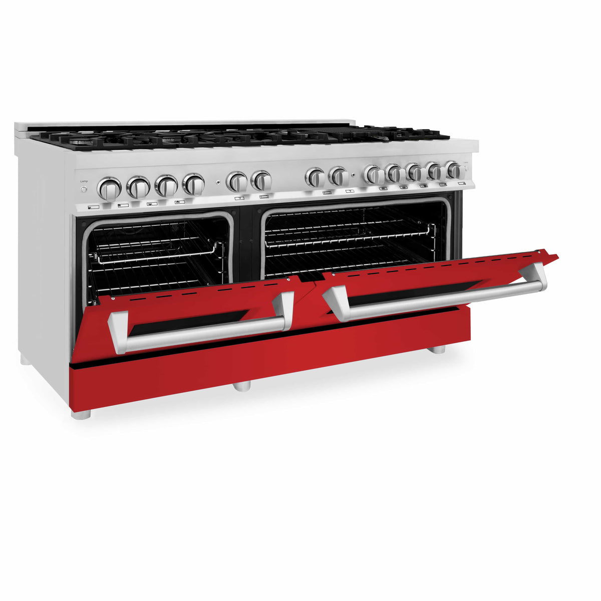 Dual fuel range with oven doors open and stainless handle bars over red interior