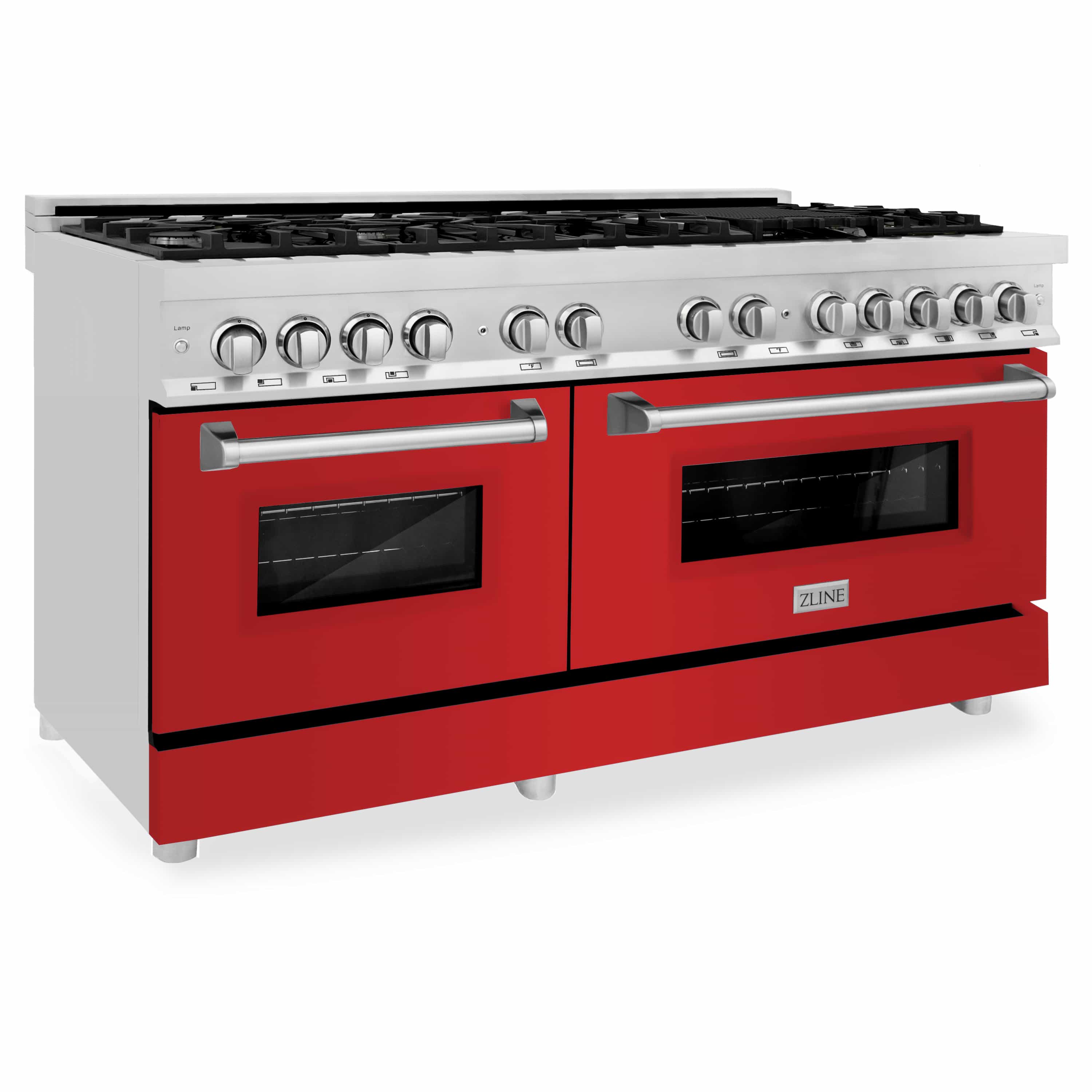 Side view of dual fuel range with stainless controls and red matte oven doors
