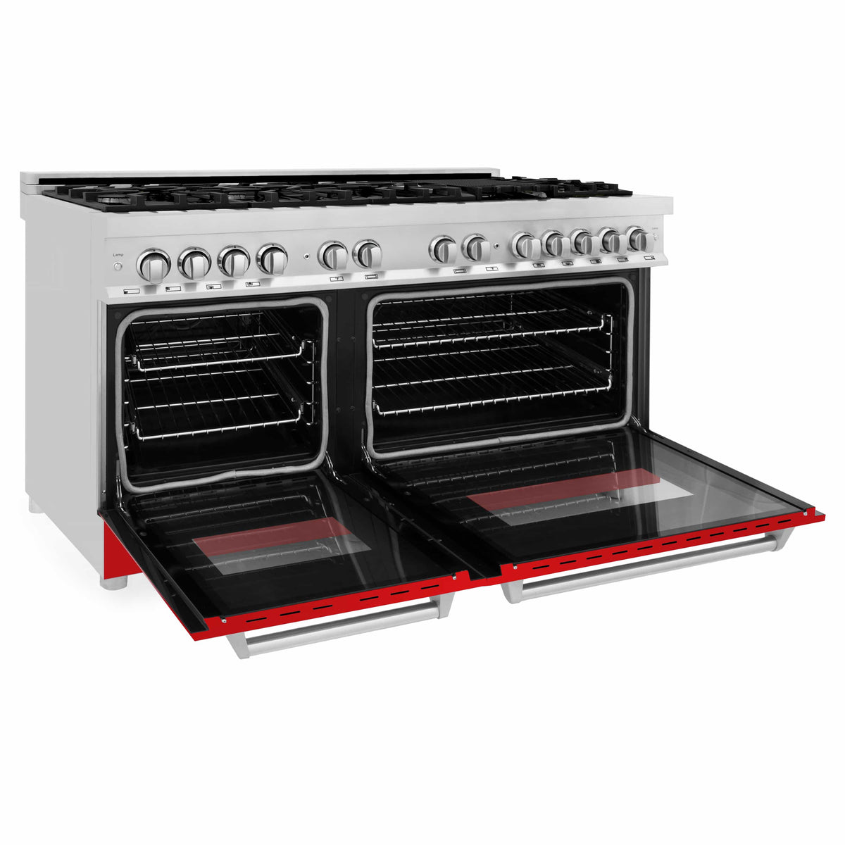 Dual fuel range with both oven doors open, showing racks and red oven base
