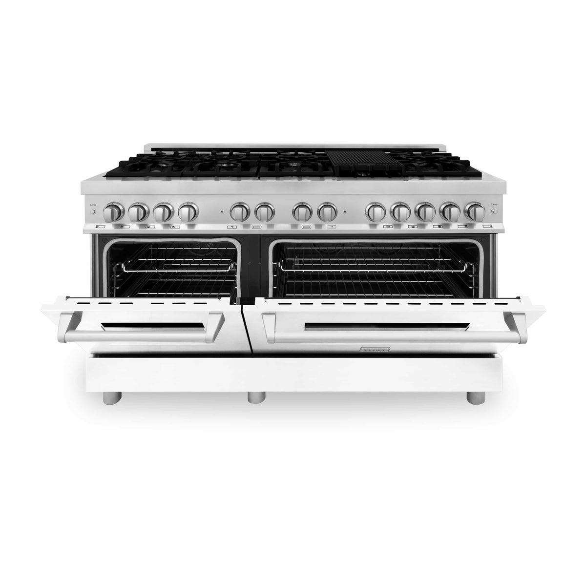 Dual fuel range with black burner grates and white matte oven doors