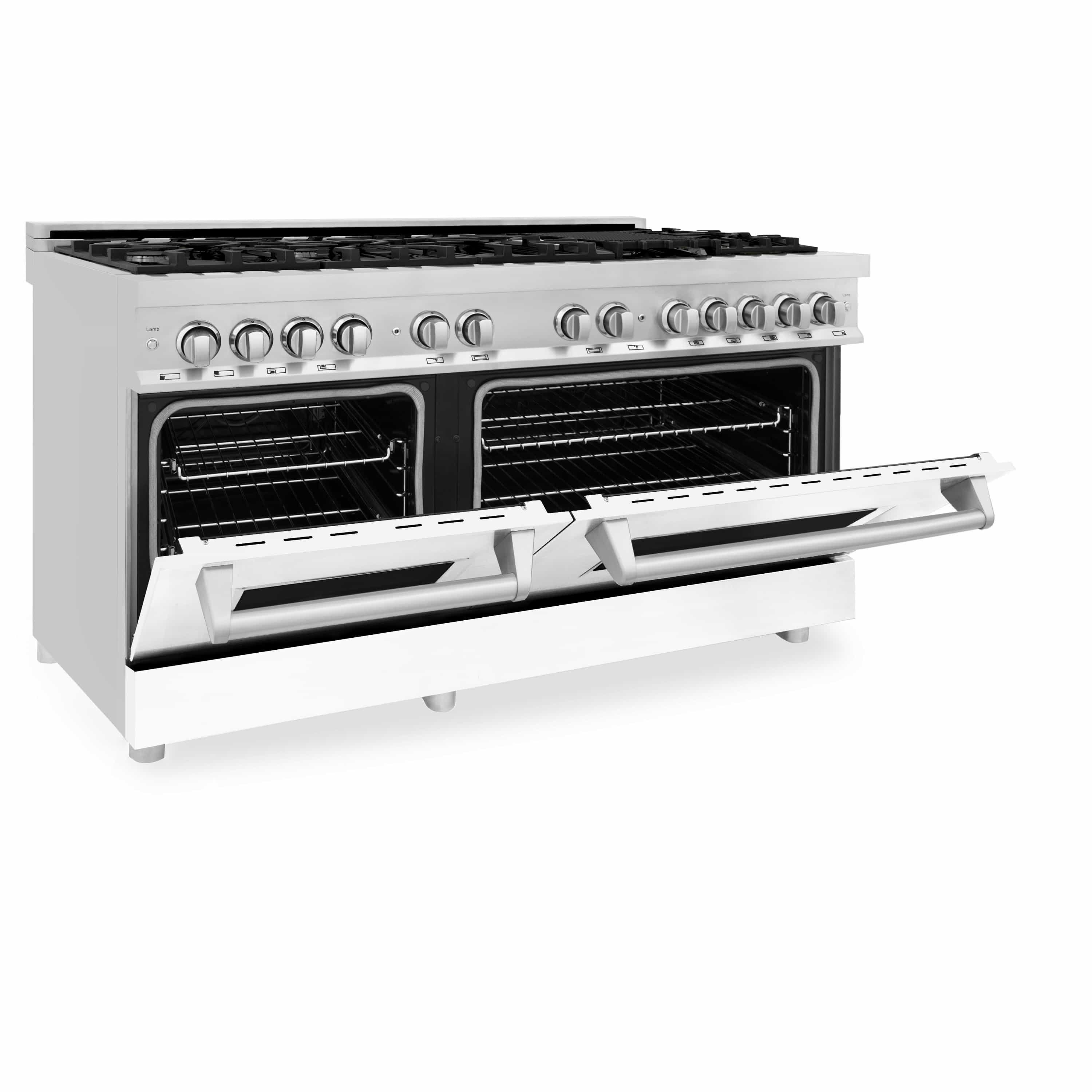 Dual fuel range with open oven doors and stainless side trim