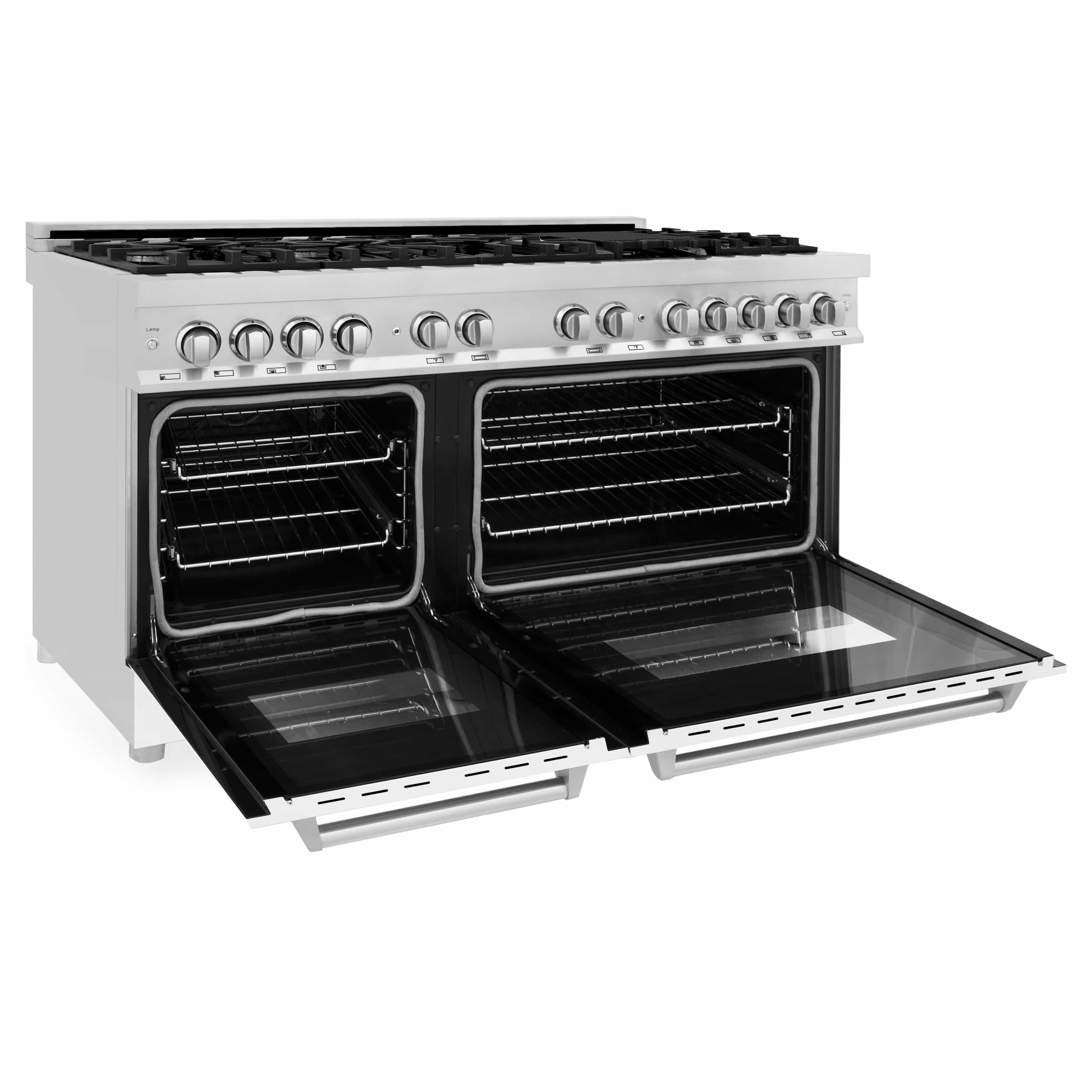 Dual fuel range with open ovens, racks inside, and pull-out trays