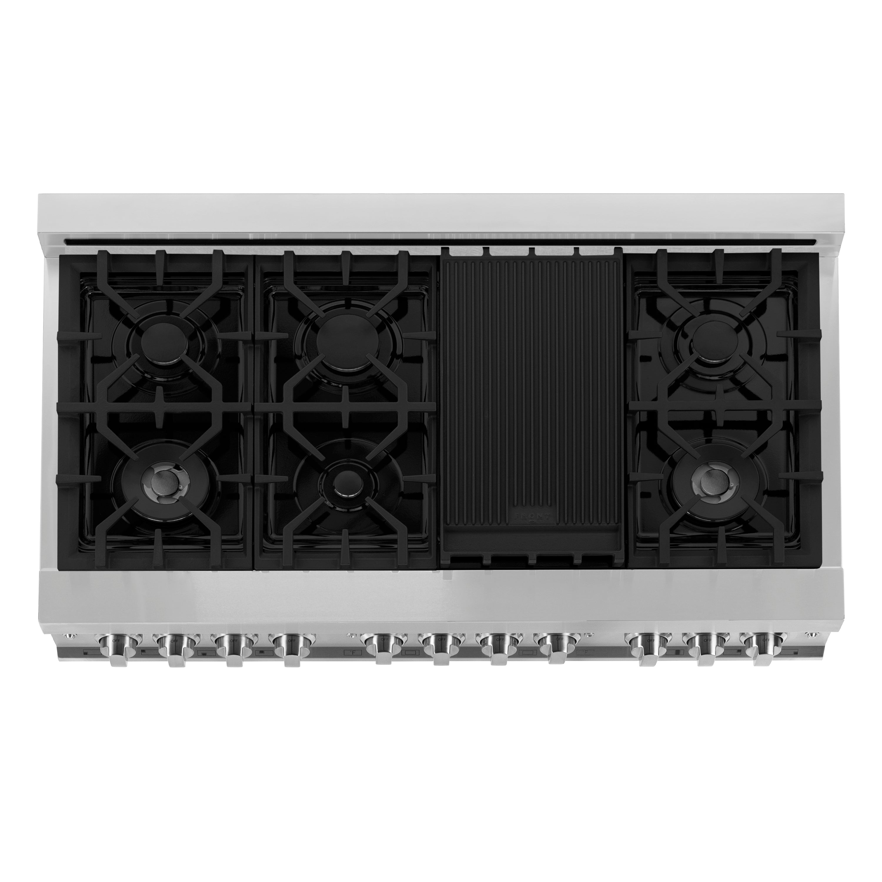 Stainless dual fuel range cooktop with six gas burner grates and central griddle