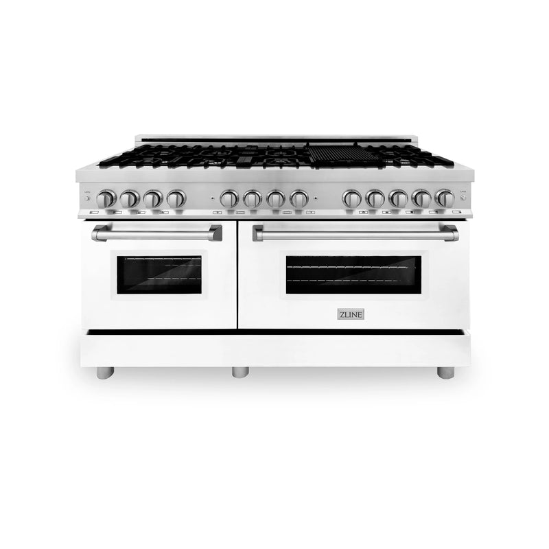 ZLINE 60-Inch Dual Fuel Range with 7.4 cu. ft. Electric Oven and Gas Cooktop and Griddle and White Matte Door in Stainless Steel (RA-WM-GR-60)