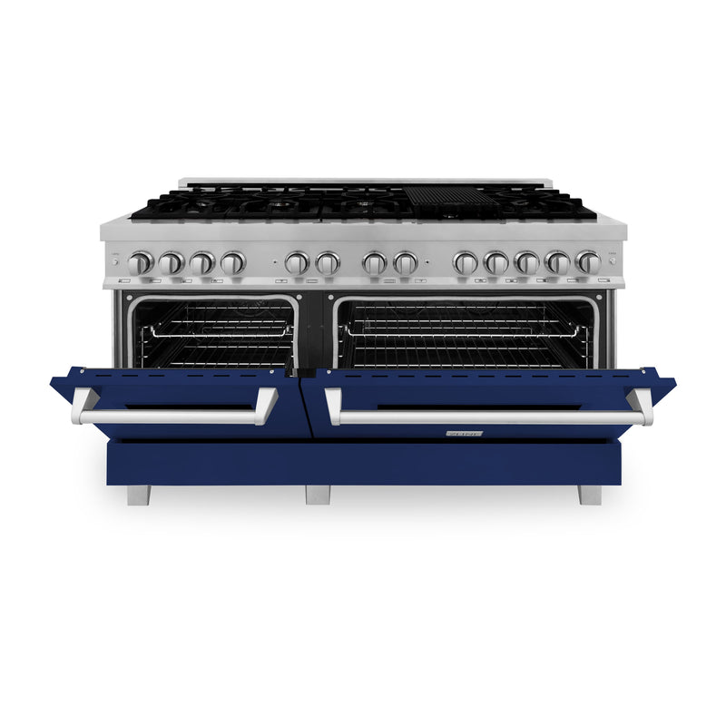 ZLINE 60-Inch 7.4 cu. ft. Dual Fuel Range with Gas Stove and Electric Oven in DuraSnow Stainless Steel and Blue Gloss Doors (RAS-BG-60)