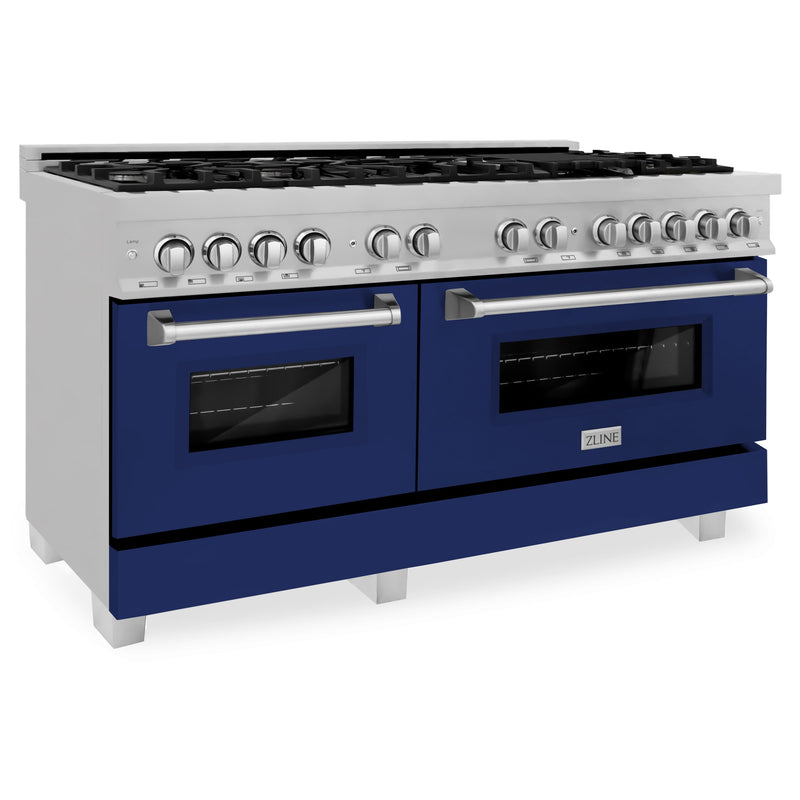 ZLINE 60-Inch 7.4 cu. ft. Dual Fuel Range with Gas Stove and Electric Oven in DuraSnow Stainless Steel and Blue Gloss Doors (RAS-BG-60)
