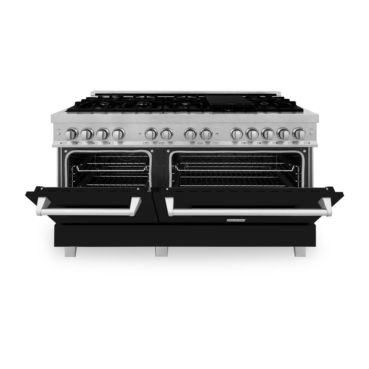 Dual fuel range back view with burner grates and open storage drawer door panel