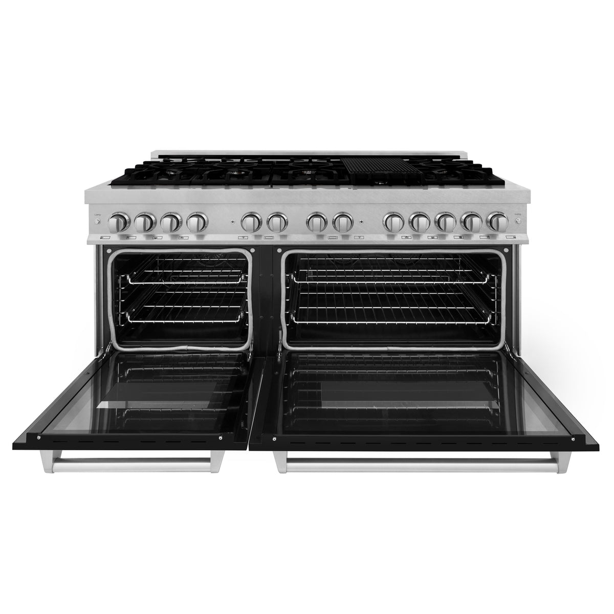 Dual fuel range with both oven doors open, satin stainless control panel and racks