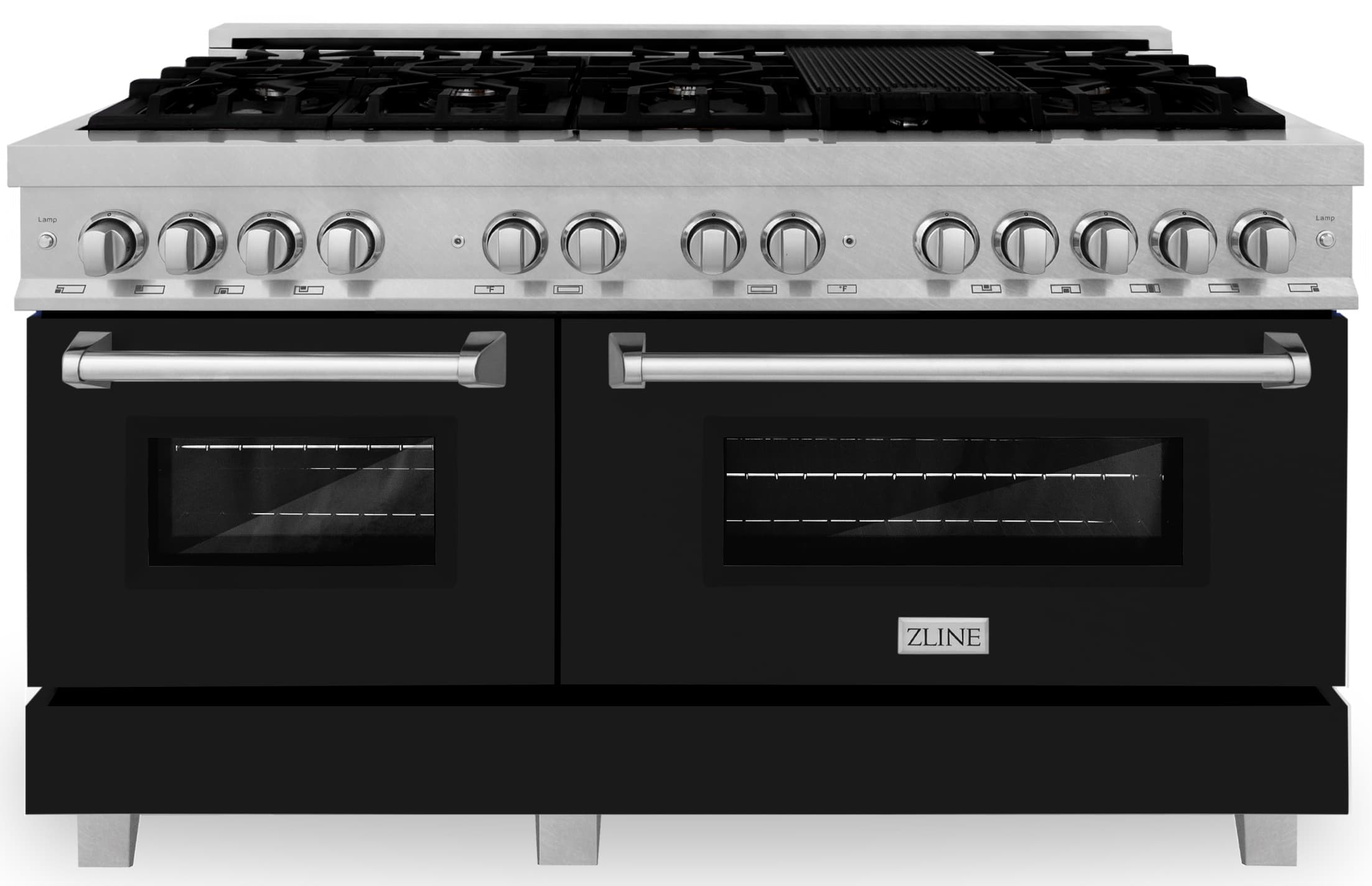 Dual fuel range with satin stainless and black matte doors, front knobs and dual ovens