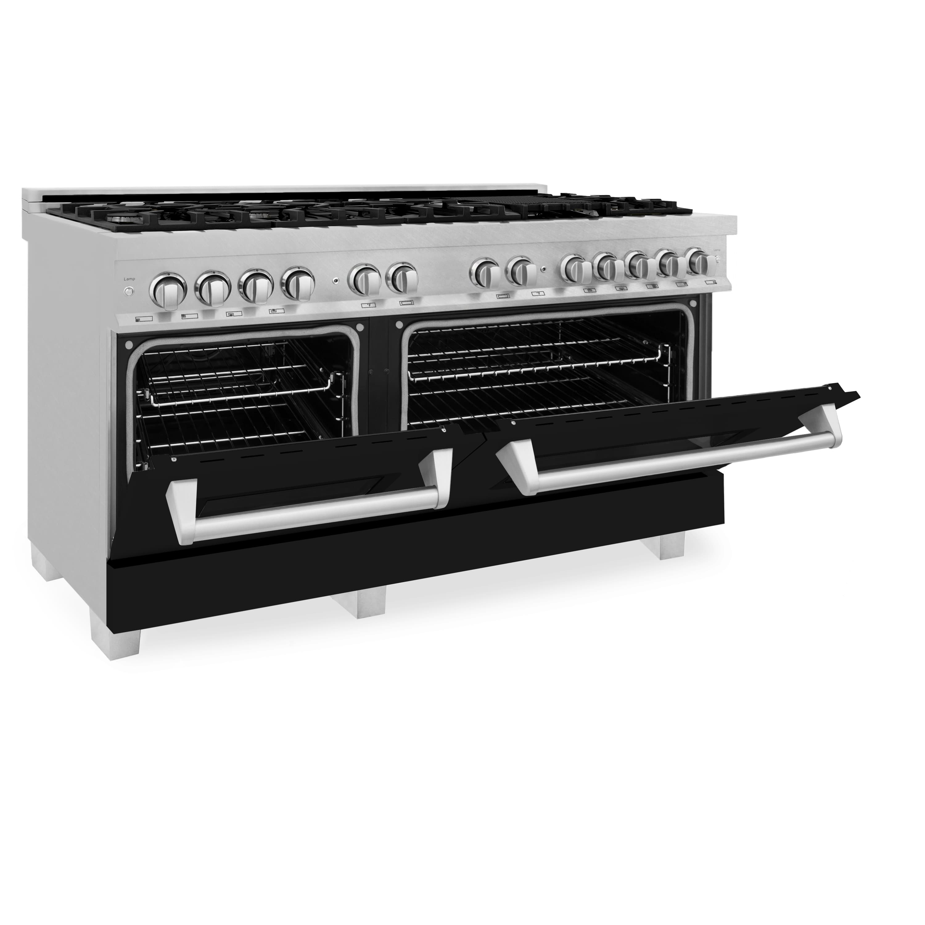 Dual fuel range side view with one oven door open and black door panel