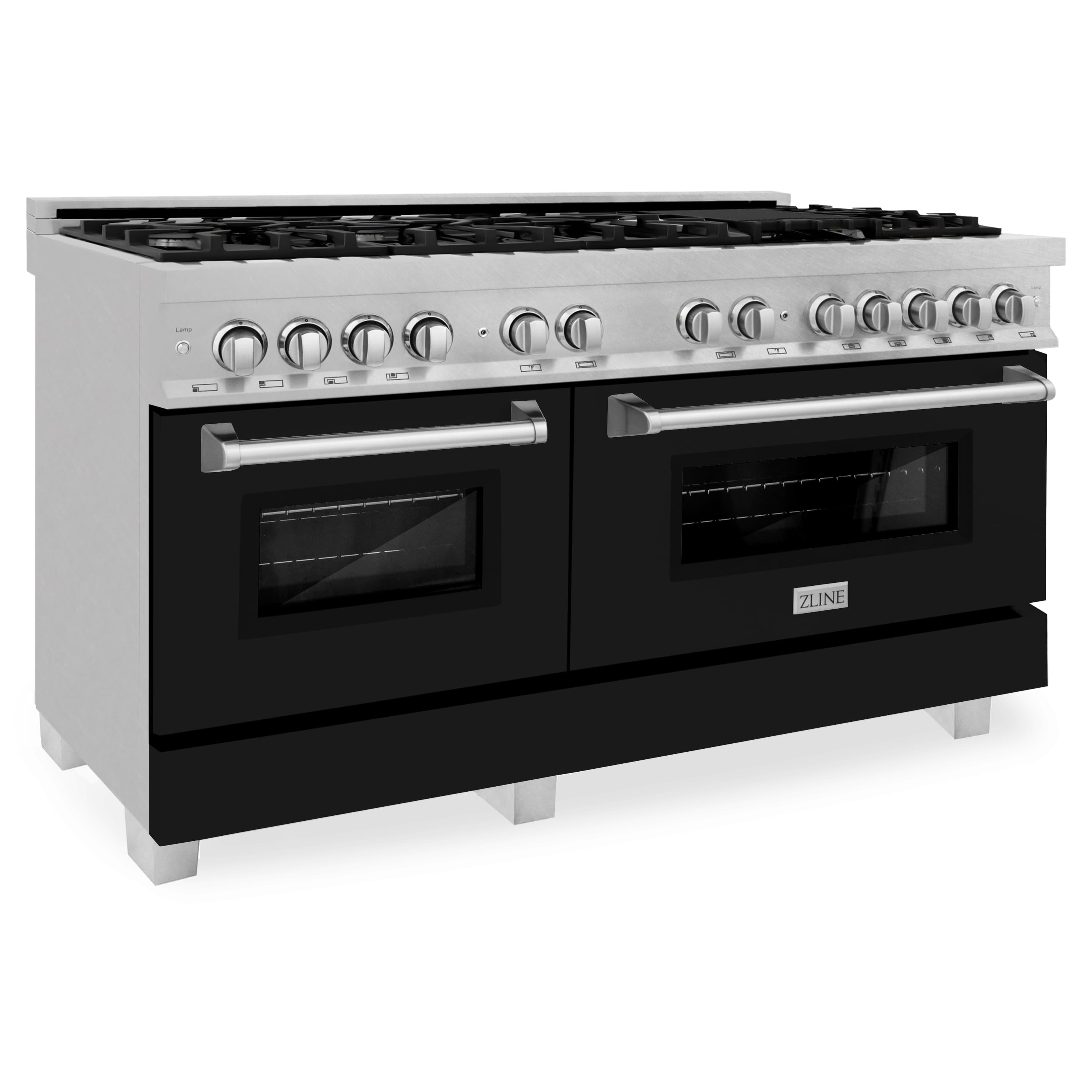 Dual fuel range front view with satin stainless top, black matte doors and ZLINE logo