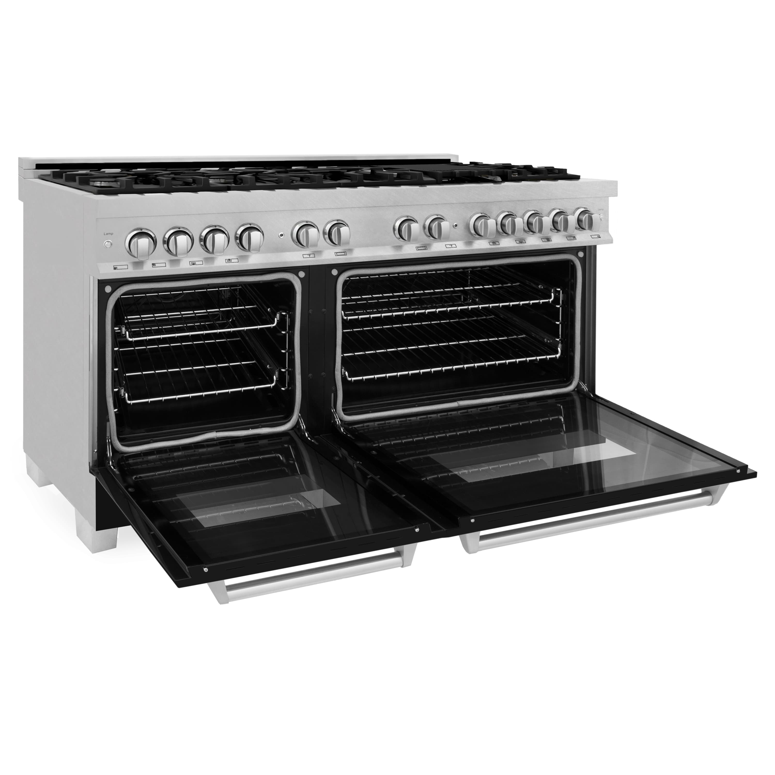 Dual fuel range angled view with both ovens open and chrome racks inside