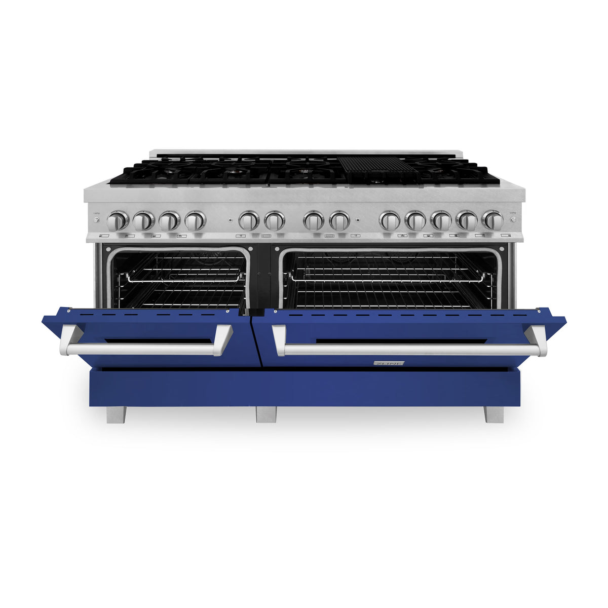 Dual fuel range front view with black grates, control knobs, and blue matte open oven drawers