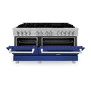 ZLINE 60-inch Legacy Series Dual Fuel Range with 9 Gas Burner Stove and 7.4 Cu. Ft. Electric Oven in Fingerprint Resistant Satin Stainless Steel and Blue Matte Doors (RAS-BM-60)