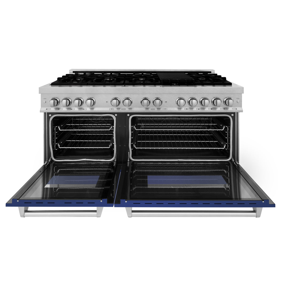 Dual fuel range with open double ovens, black racks, and blue matte lower broiler drawer