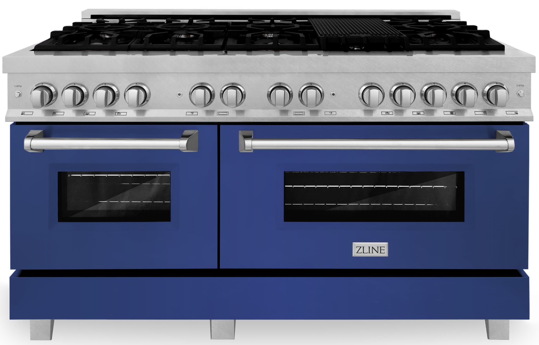 Dual fuel range with satin stainless cooktop, black burner grates, and blue matte double doors