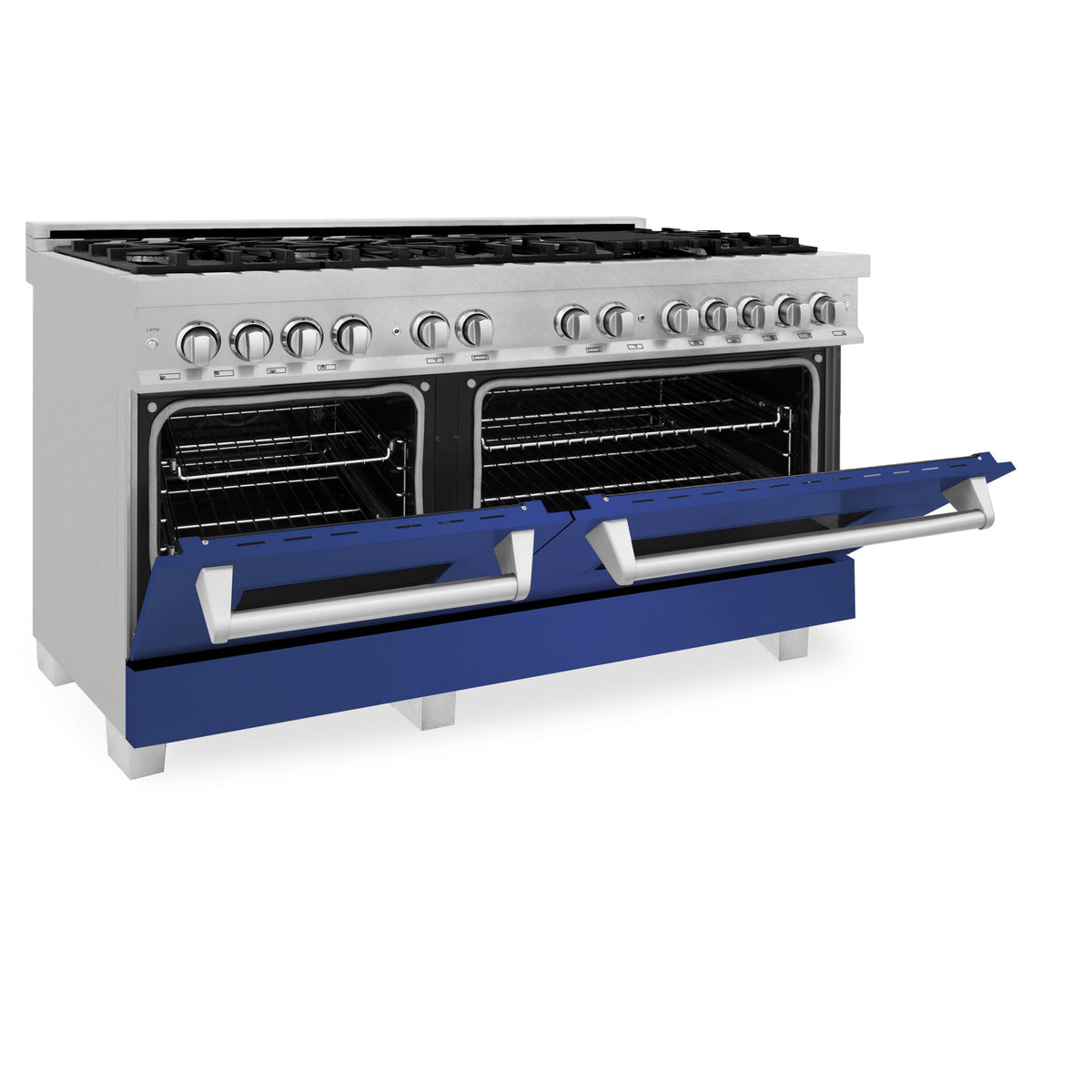 Dual fuel range with open ovens and chrome-style handles over blue matte broiler drawer