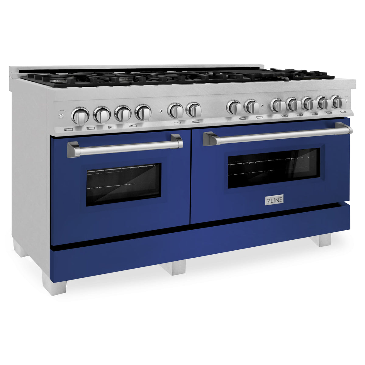 Dual fuel range with satin stainless front, control knobs, and blue matte oven doors