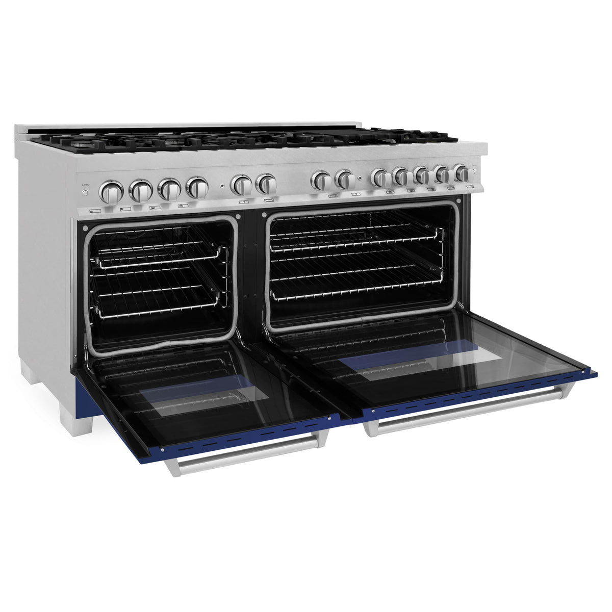 Dual fuel range with open double ovens showing black interior racks and blue drawer base
