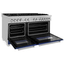 ZLINE 60-inch Legacy Series Dual Fuel Range with 9 Gas Burner Stove and 7.4 Cu. Ft. Electric Oven in Fingerprint Resistant Satin Stainless Steel and Blue Matte Doors (RAS-BM-60)