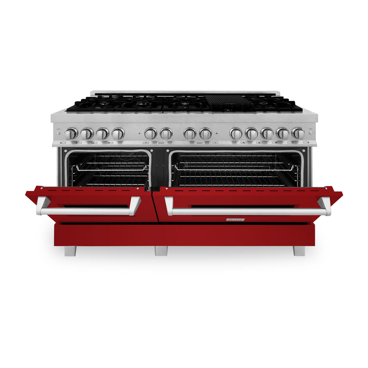 Dual fuel range shown front view with stainless control panel, gas grates, and red base