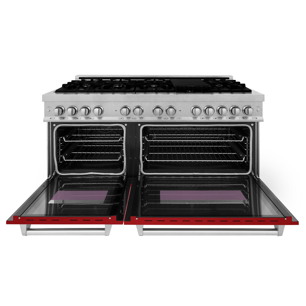 Dual fuel range with both ovens open, black racks inside, red drawer front
