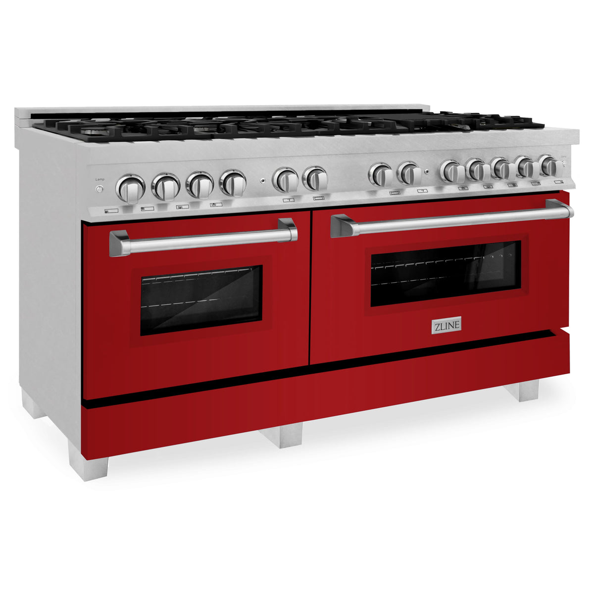 Dual fuel range with stainless top and control knobs, red glossy oven doors and handle
