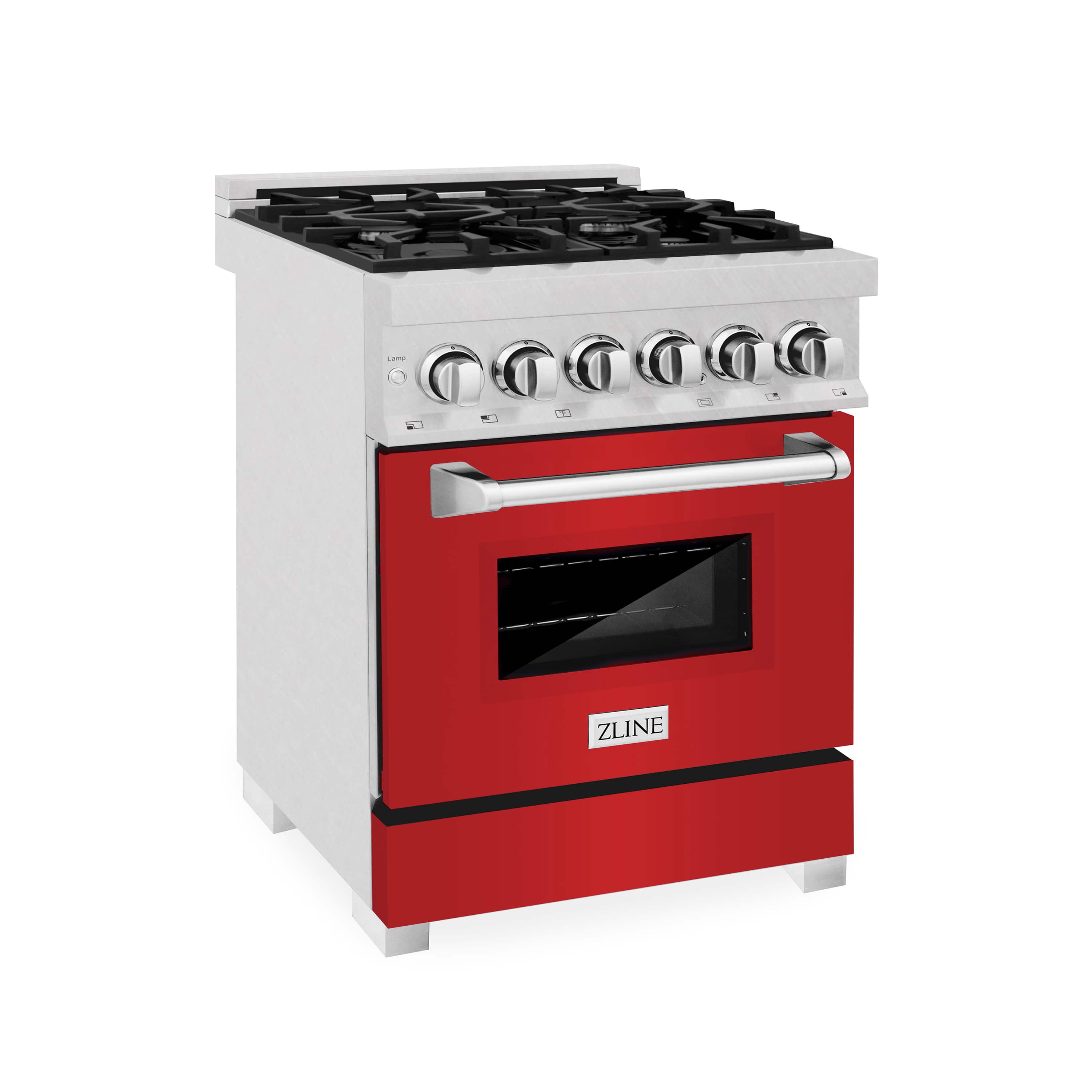 Dual fuel range in satin stainless with red oven door window and centered control panel knobs