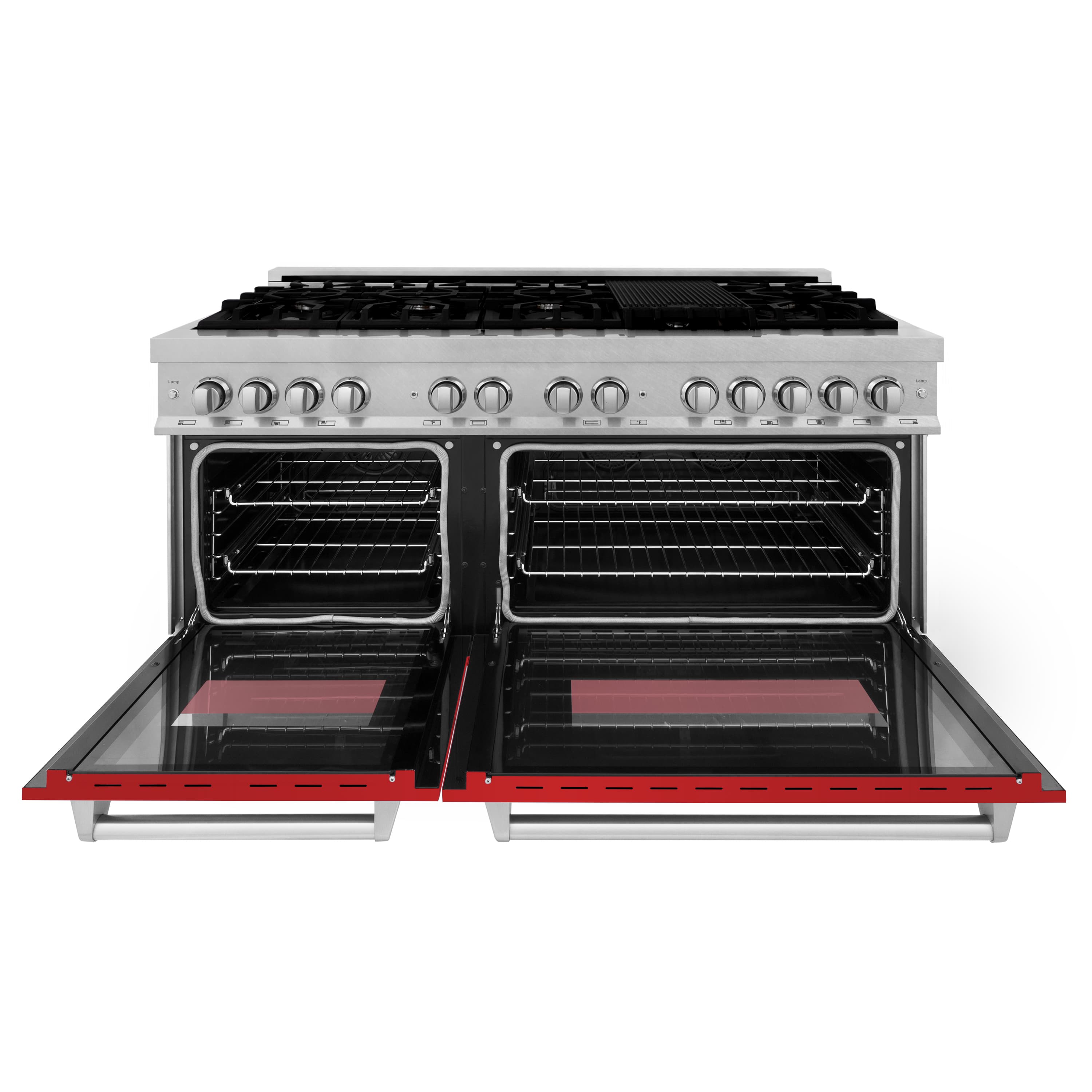 ZLINE dual fuel range with two open ovens, stainless frame, black racks, red oven base