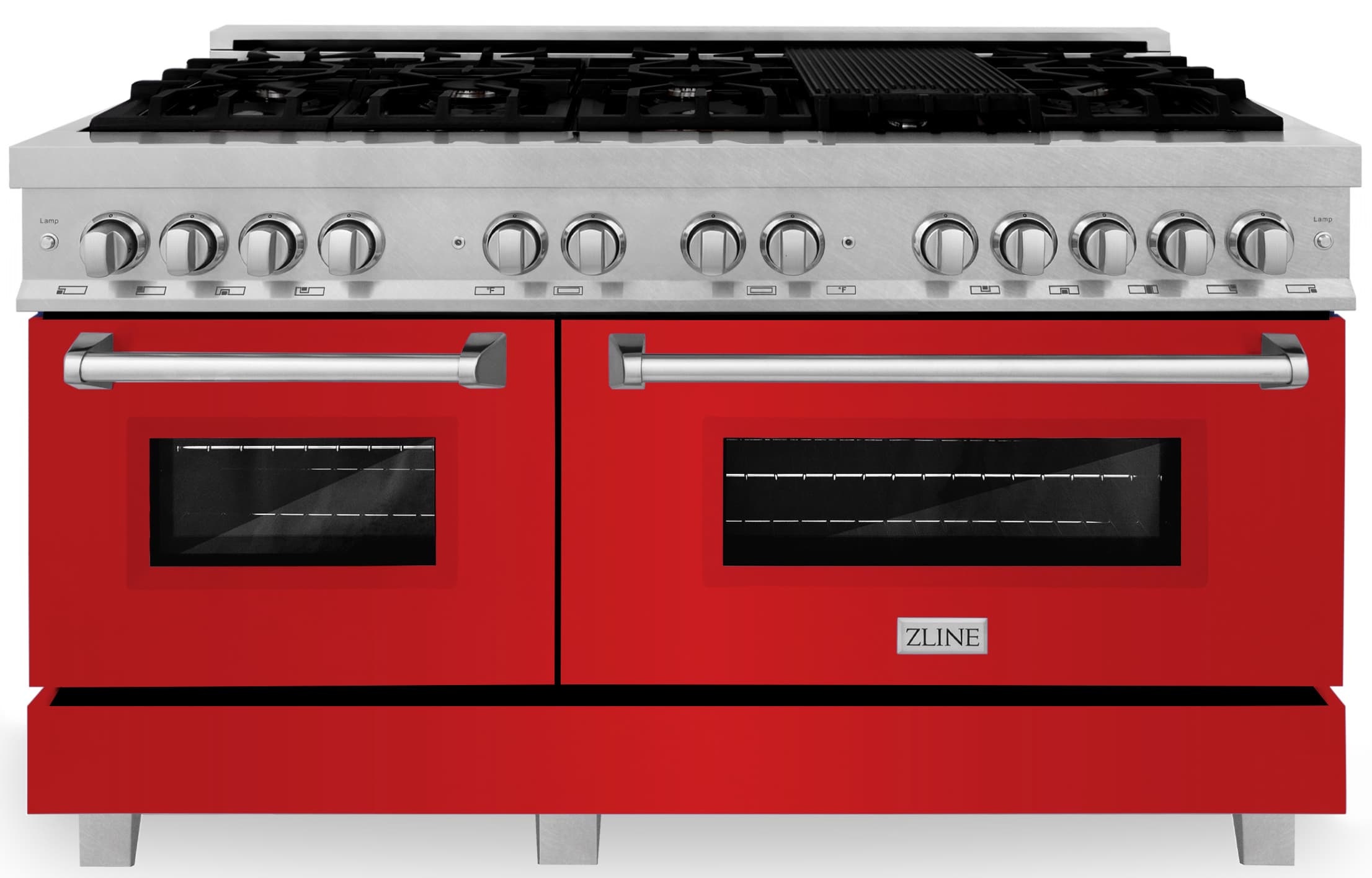 ZLINE dual fuel range with stainless top, black grates, and red matte oven doors