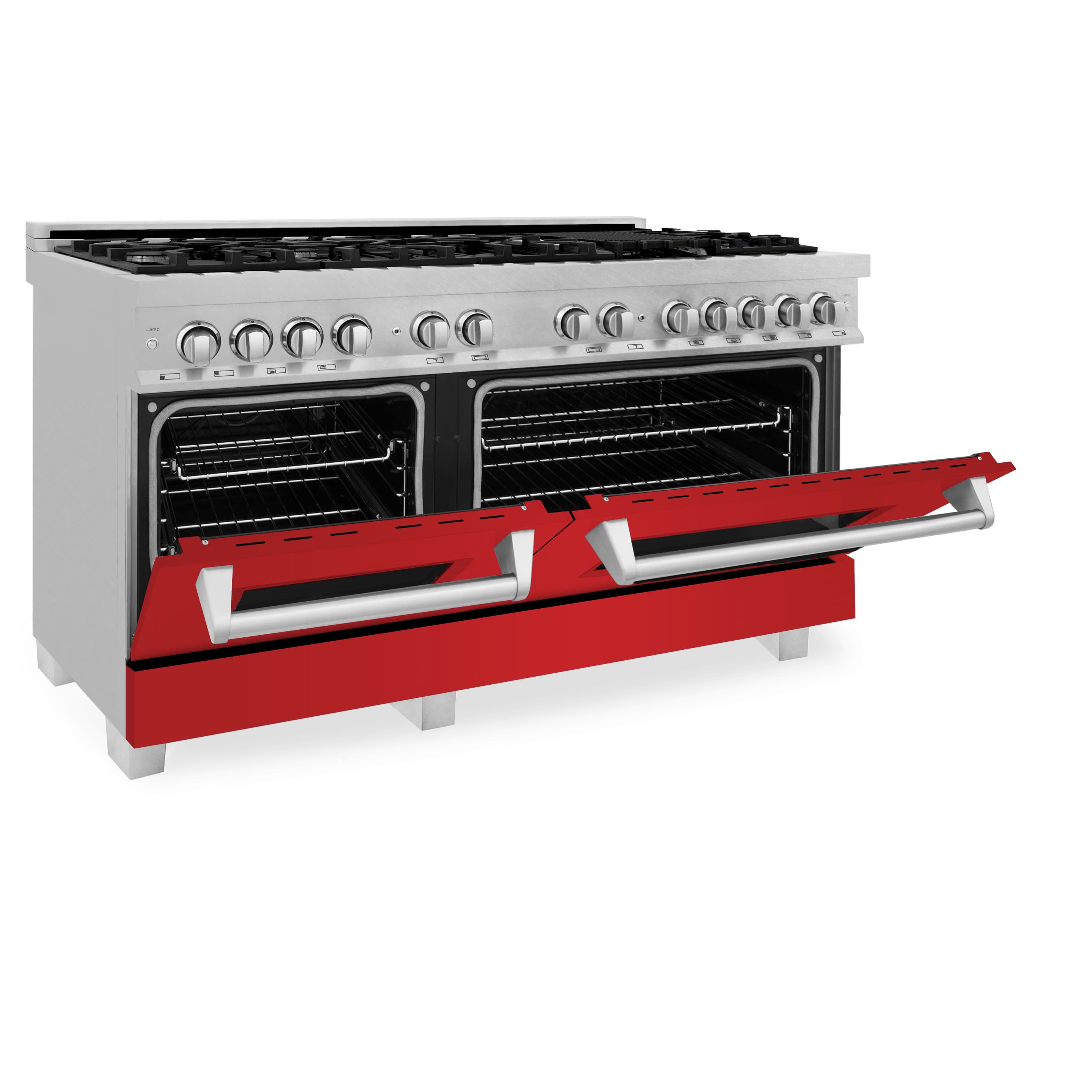 ZLINE dual fuel range with oven doors open, red drawer-style broiler, stainless exterior