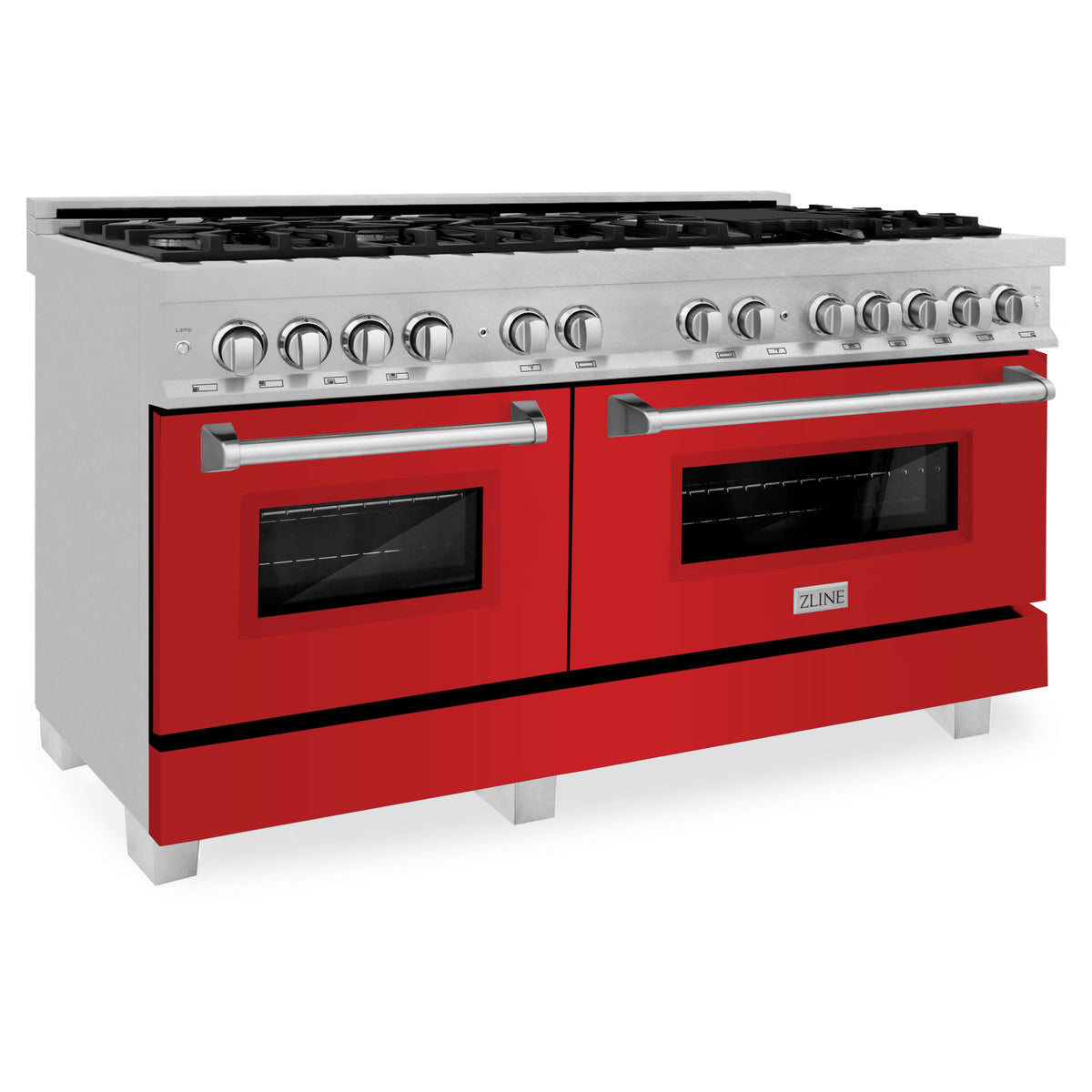 ZLINE dual fuel range with red matte doors, stainless control panel, chrome oven handles
