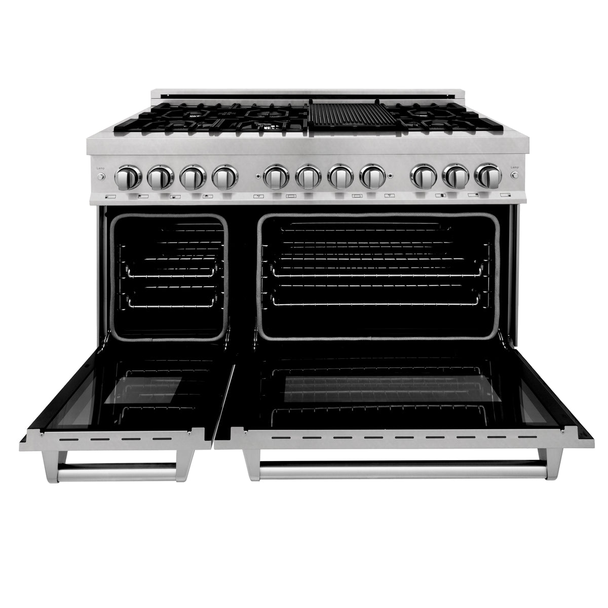 Dual-fuel range with open oven and broiler area, cooktop controls above