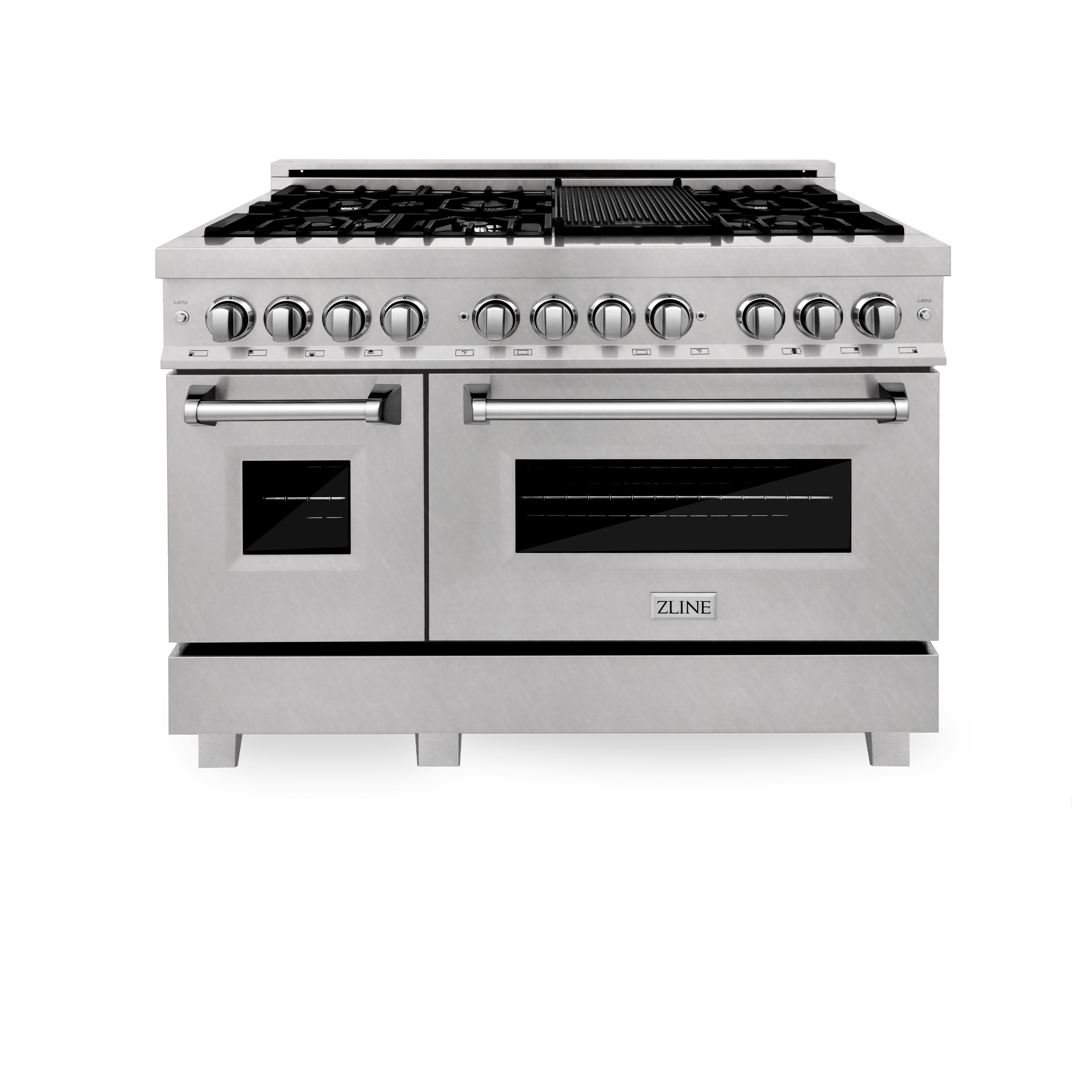 Stainless steel dual-fuel range with glass oven doors and gas cooktop