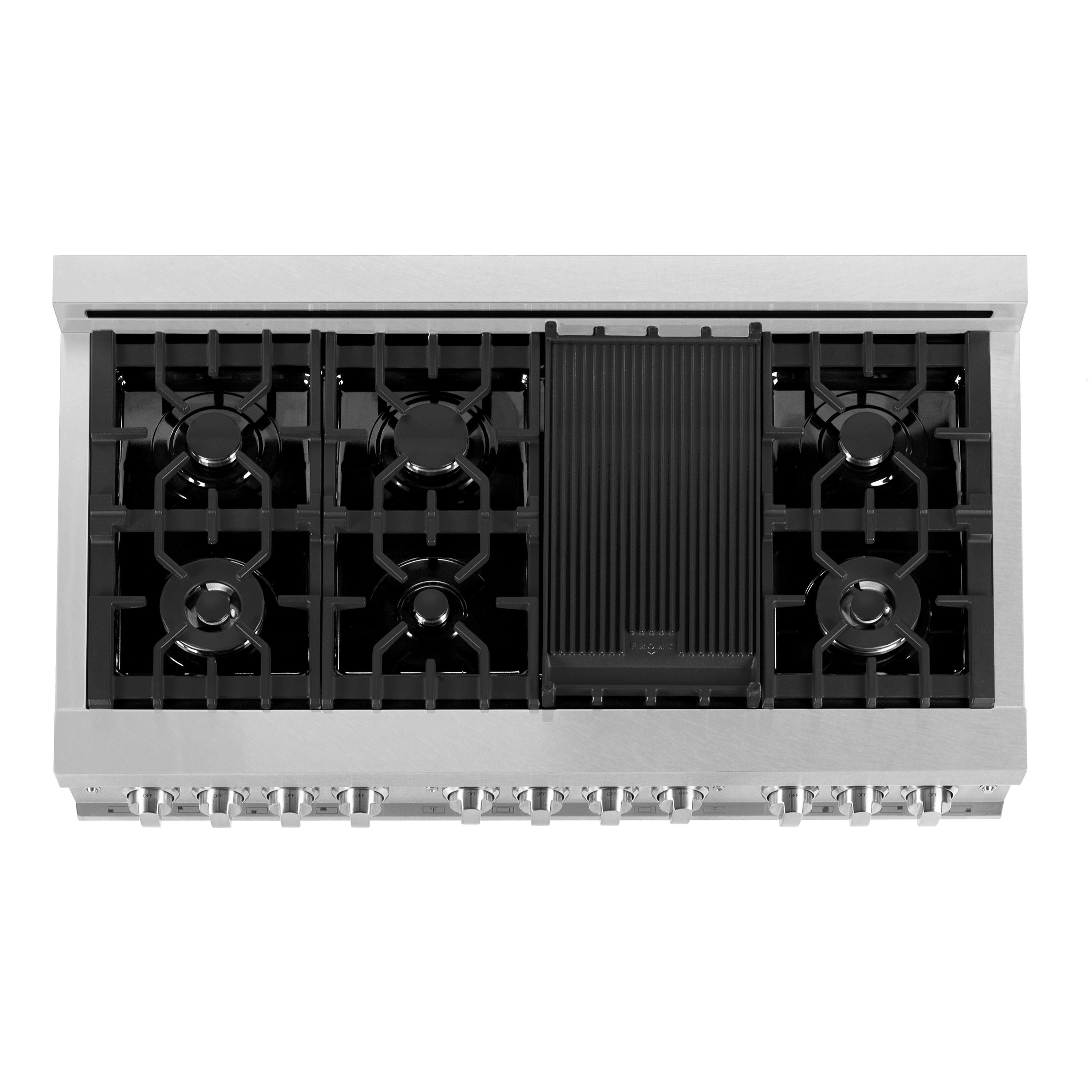 Cooktop grates with center black griddle insert on a dual-fuel range