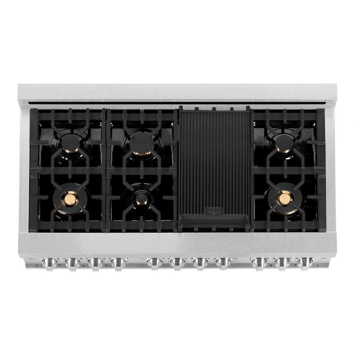 Gas cooktop grates with central black griddle insert on satin stainless range top