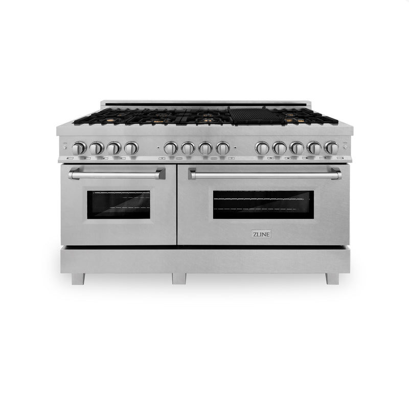ZLINE 60-Inch Dual Fuel Range with 7.4 cu. ft. Electric Oven and Gas Cooktop with Brass Burners and Griddle in DuraSnow Fingerprint Resistant Stainless (RAS-SN-BR-GR-60)