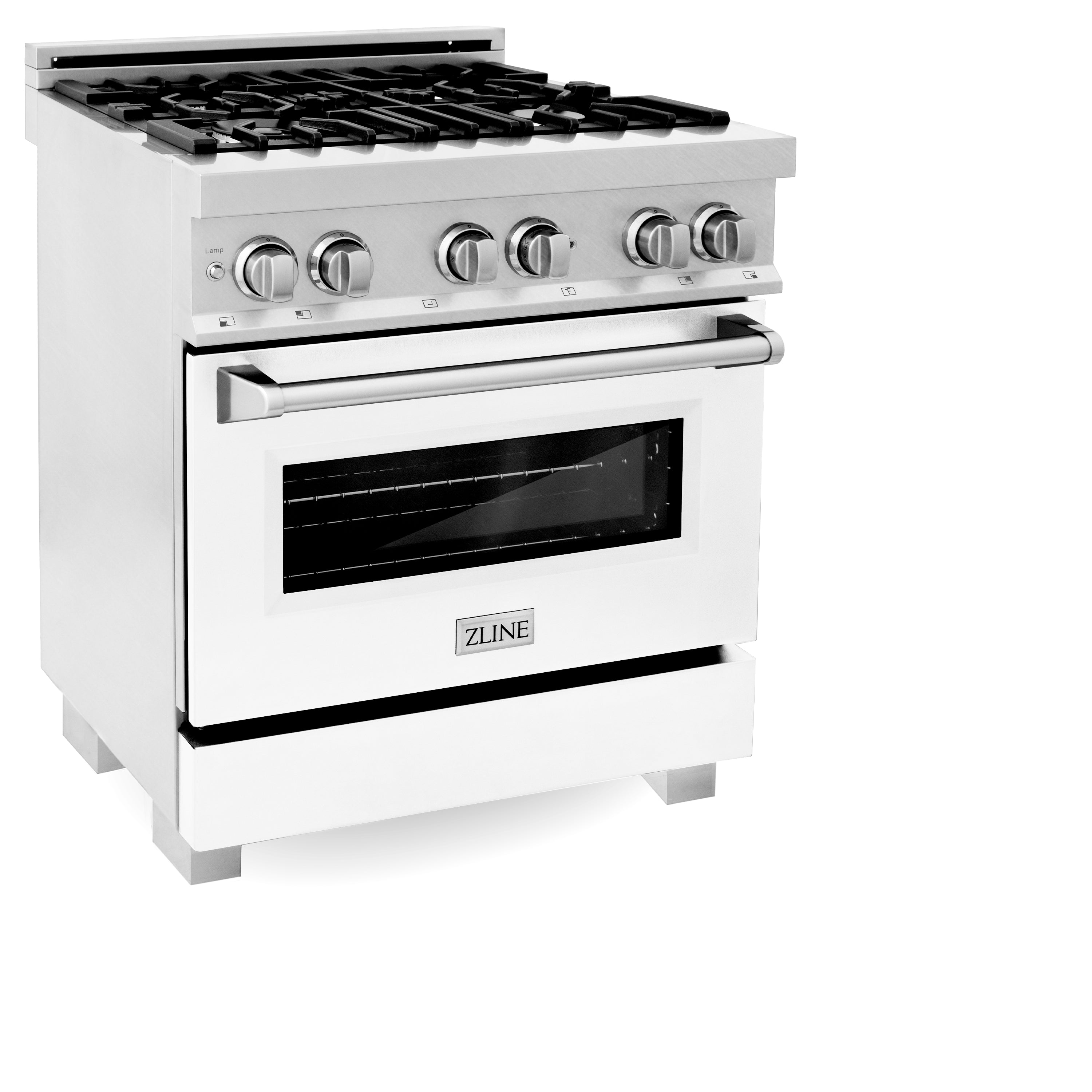 ZLINE dual-fuel range front with gas grates, chrome knobs, and oven window